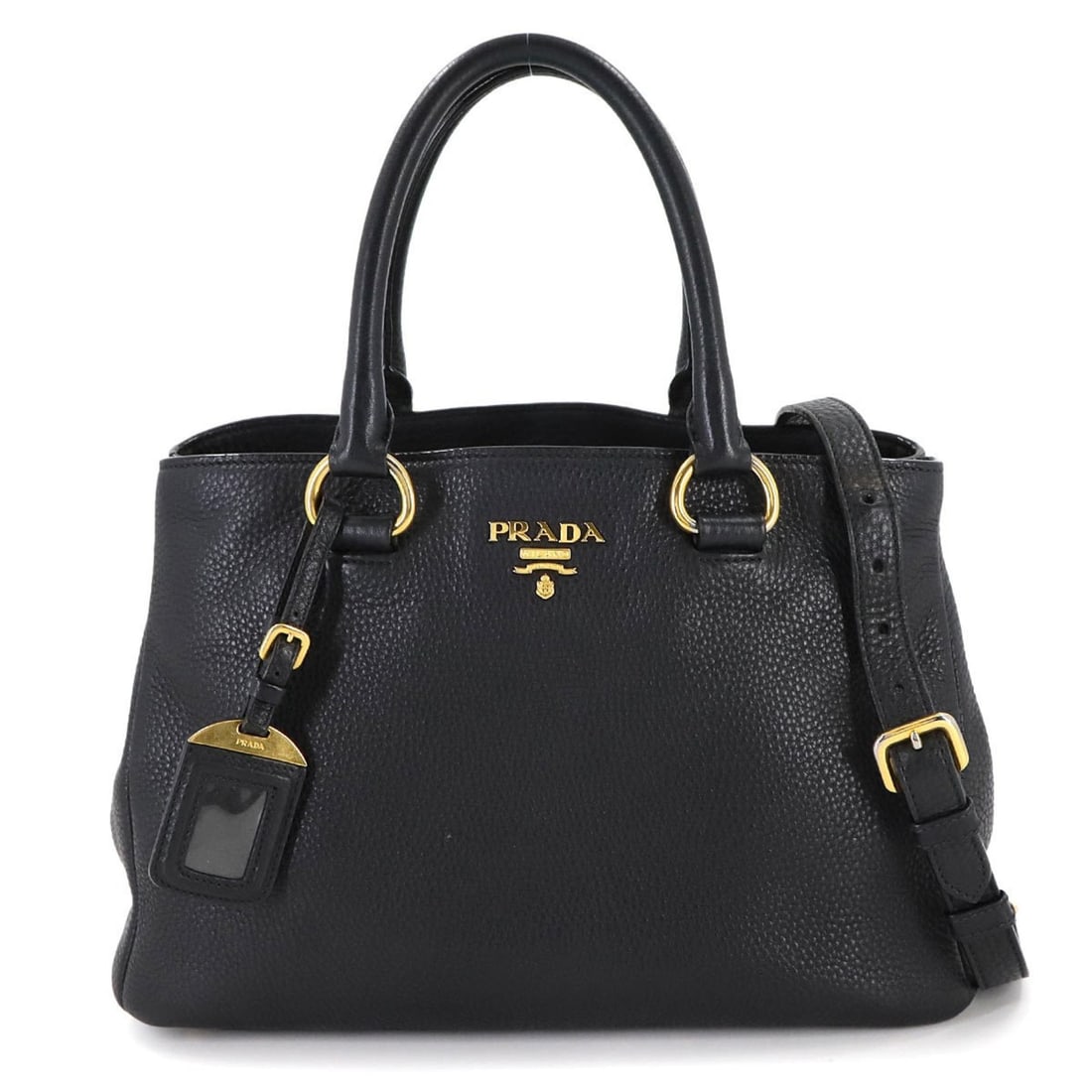 Prada 2-way hand shoulder bag in black leather with gold hardware. (1 of 10)