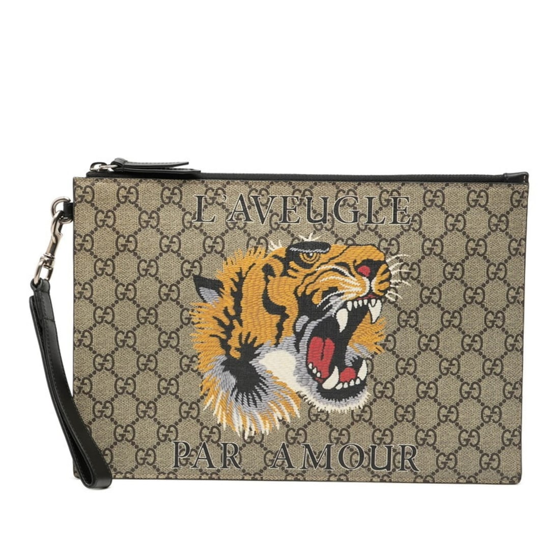 Gucci GG Supreme Tiger Print Clutch Bag/Second Bag 473904 in Beige, Multicolor, and Black Leather: --- Catalog ---Category: SizeSize (HxWxD): 20.5cm x 30.5cm x 1cm / 8.07'' x 12'' x 0.39''Category: DesignType: Clutch bagColor: Beige, Black, Multi-colorGender: WomenMaterial: PVC , Leather Category: