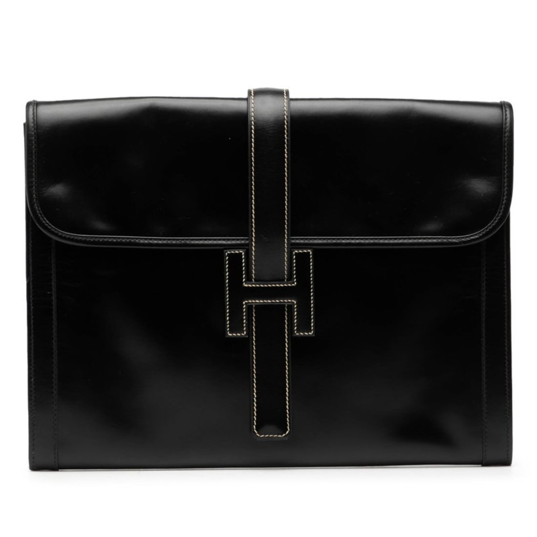Hermes Hermès Jige GM Clutch Bag in Black Box Calf Leather for Women: --- Catalog ---Category: SizeSize (HxWxD): 25.5cm x 34cm x 3cm / 10.03'' x 13.38'' x 1.18''Category: DesignType: Clutch bagColor: BlackGender: WomenMaterial: Box calf leather Category: GeneralLine: Ji
