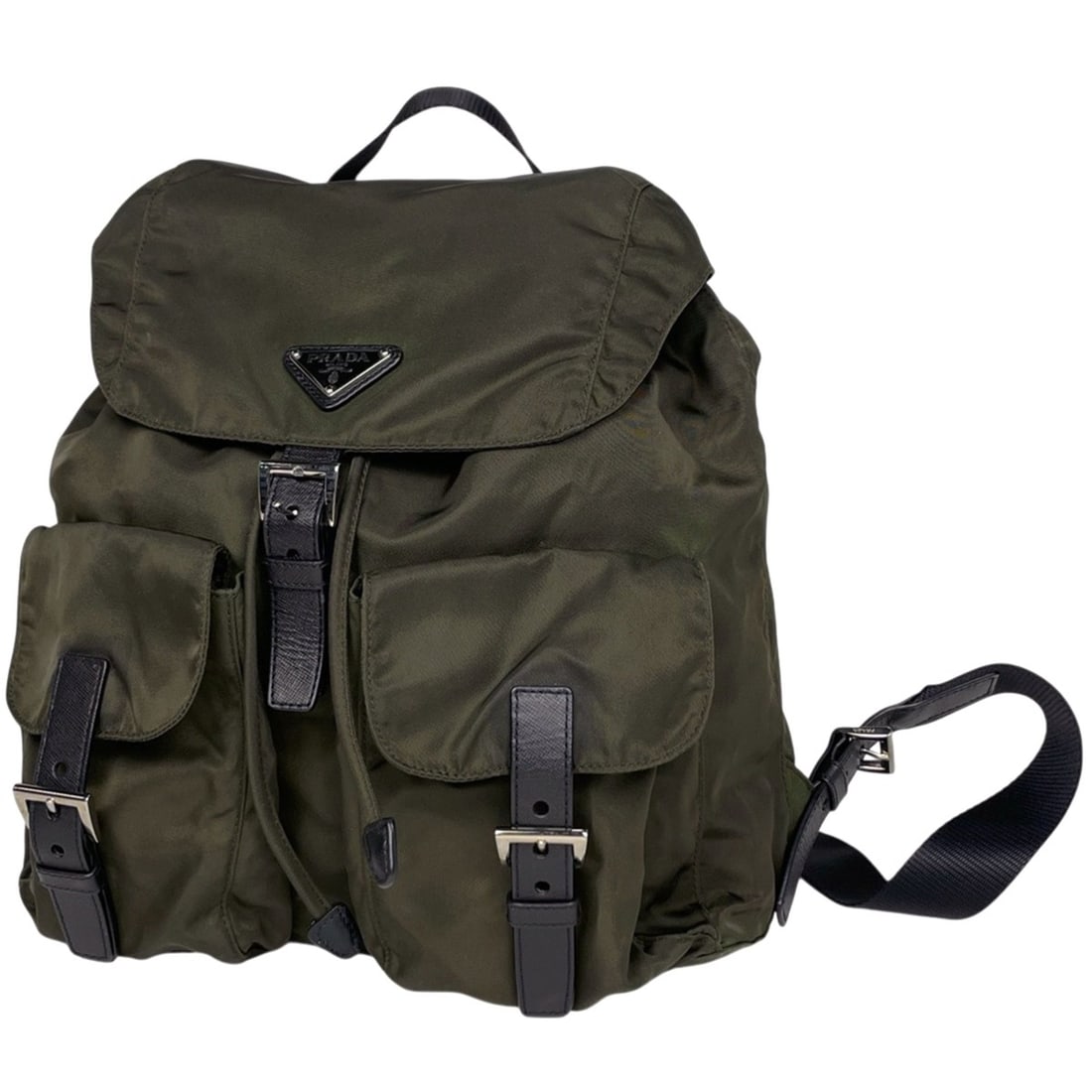 Prada logo plate backpack, nylon, khaki, black, women's (1 of 12)