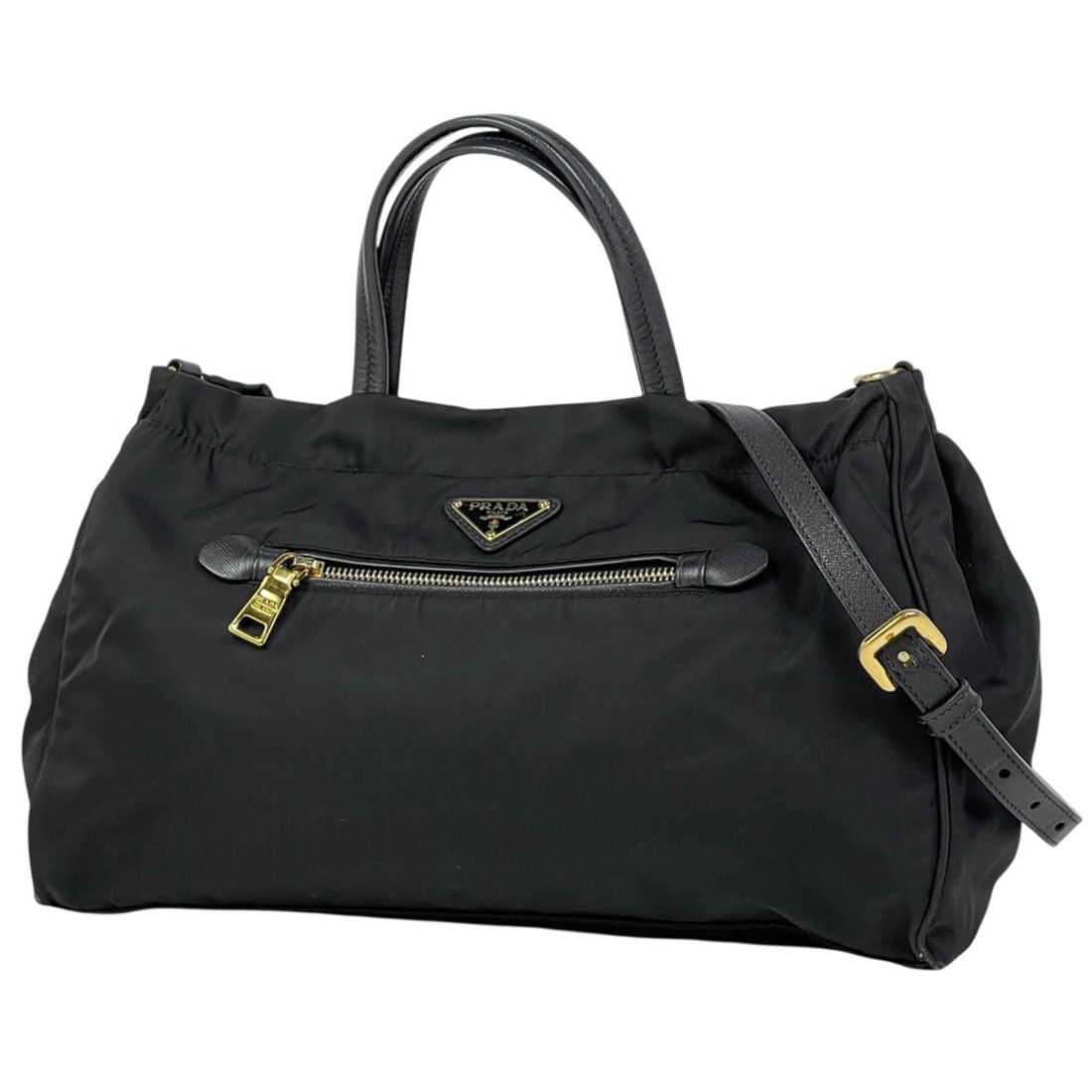 Prada logo plate handbag, 2-way shoulder bag, Tessuto nylon, black, for women. (1 of 12)
