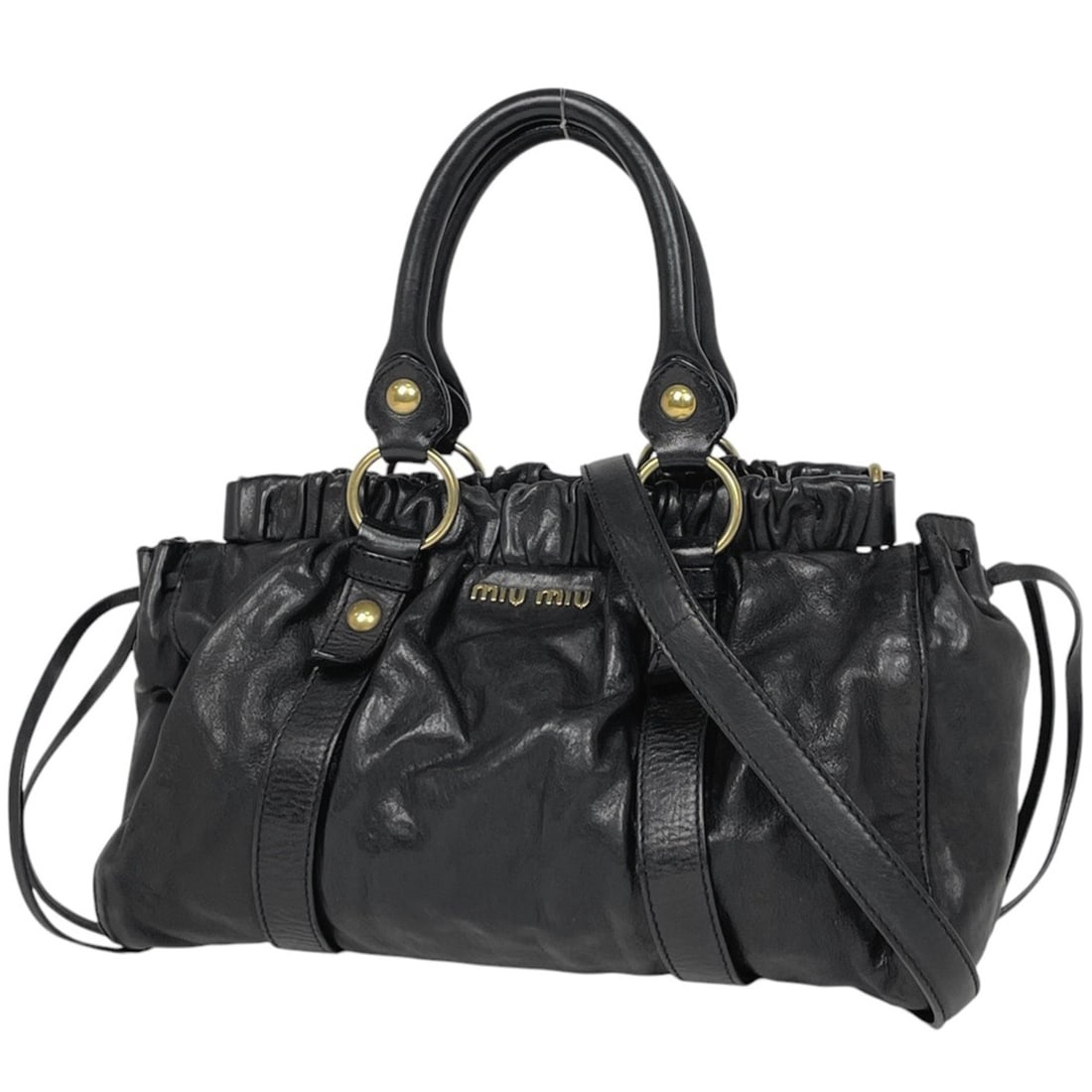 Miu Miu Miu logo handbag, 2-way shoulder bag, leather, black, women's (1 of 9)