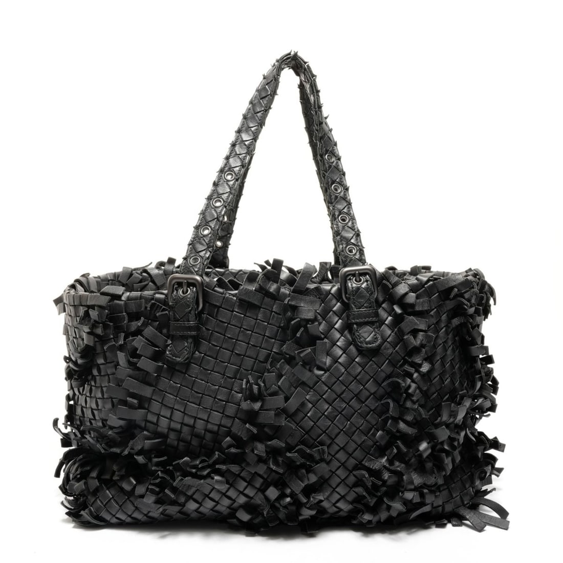 Bottega Veneta 2011 Intrecciato Fringe Tote Bag in Black: --- Catalog ---Category: SizeHandle Drop: 21.00cm / 8.27''Size (HxWxD): 22cm x 48cm x 15cm / 8.66'' x 18.89'' x 5.9''Category: DesignType: Tote bagColor: BlackGender: WomenCategory: GeneralLine: Intre