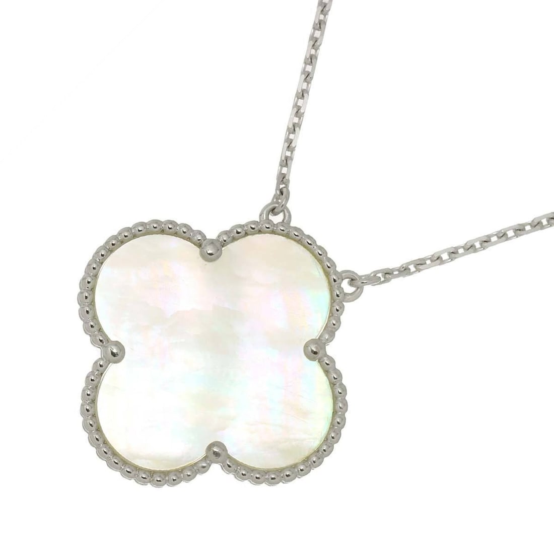 Van Cleef & Arpels Magic Alhambra Shell Necklace, 42cm, 18K White Gold 750: --- Catalog ---Category: SizeWeight: 10.1g / 0.35oz.Pendant Size: 26mm x 26mm / 1.02'' x 1.02''Neck Circumference: 42 cm / 16.53''Category: DesignMetal: White GoldStone: ShellGender: WomenMetal Purity