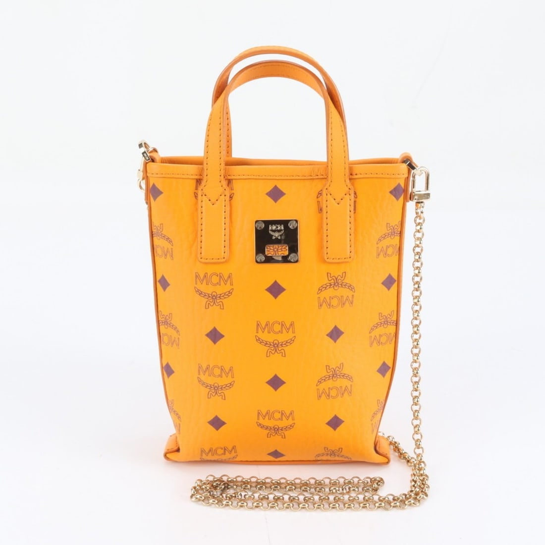 MCM Visetos Chain Leather 2-Way Shoulder Bag for Women: --- Catalog ---Category: SizeSize (HxWxD): 19cm x 15cm x 3cm / 7.48'' x 5.9'' x 1.18''Category: DesignType: Handbag, Shoulder bagColor: OrangeGender: WomenMaterial: Leather Category: GeneralBrand: MCM