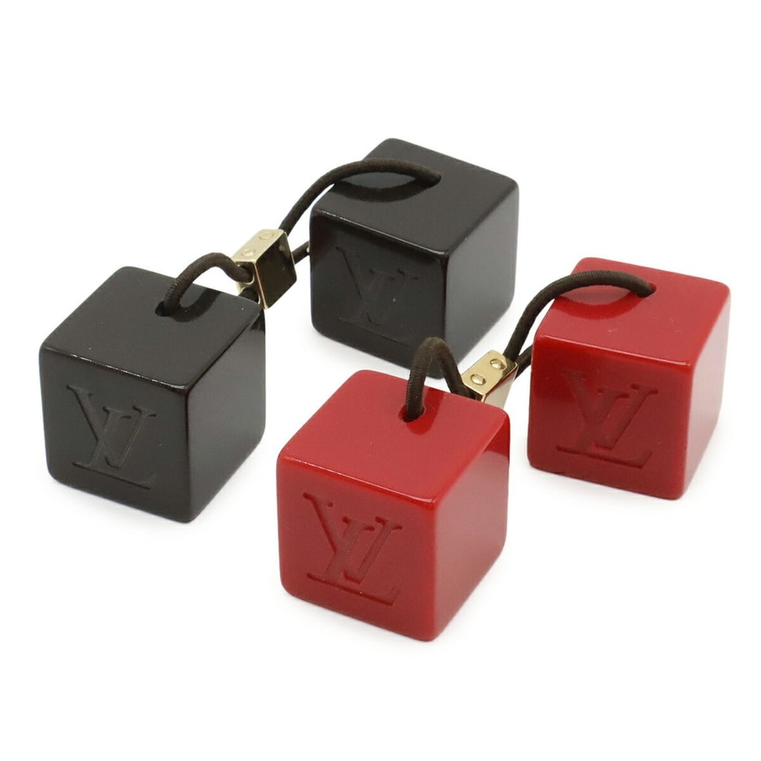 LOUIS VUITTON Hair Cubes, Ties, Red, Dark Brown, Set of 2: --- Catalog ---Category: SizeSize (LxW): 11.5cm / 4.52''Charm Size (LxW): 2.29cm x 2.29cm / 0.9'' x 0.9''Category: DesignType: Hair tieColor: Dark brown, Red colorGender: WomenCategory: GeneralBrand: