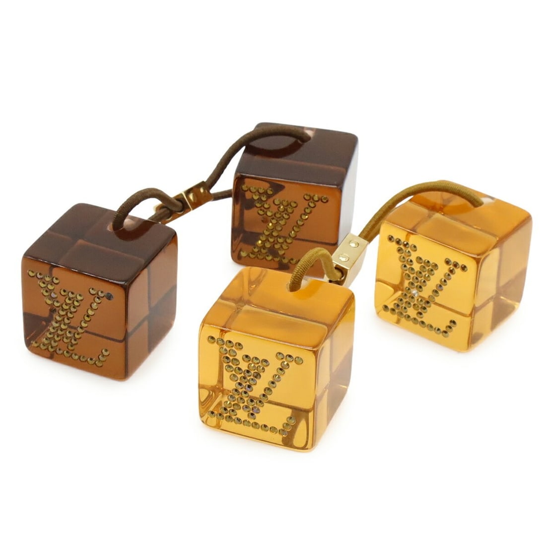 LOUIS VUITTON Hair Cube Ties with Rhinestones, Light Brown and Dark Brown, Set of 2: --- Catalog ---Category: SizeSize (LxW): 12.5cm / 4.92''Charm Size (LxW): 2.29cm x 2.29cm / 0.9'' x 0.9''Category: DesignType: Hair tieColor: Dark brown, Light brownGender: WomenCategory: GeneralBrand
