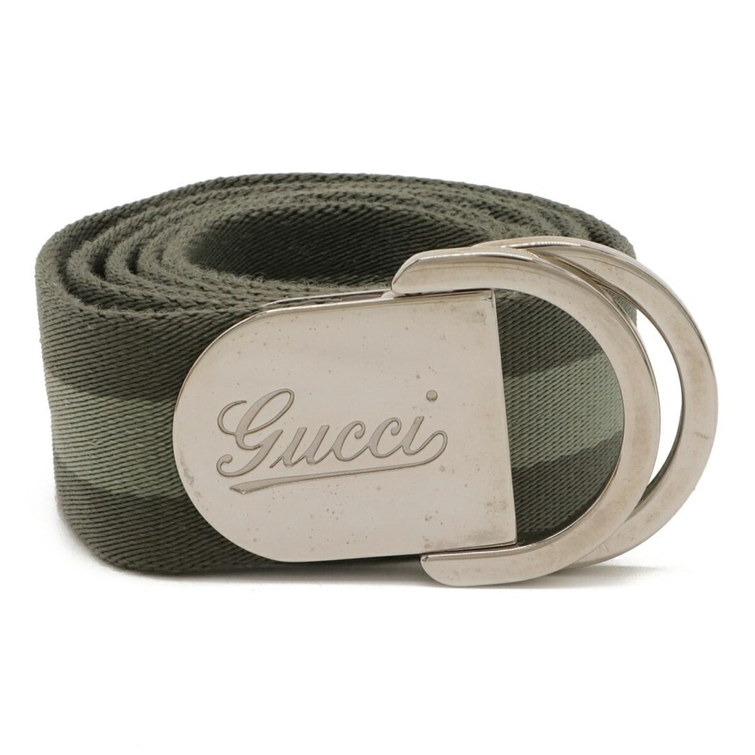 GUCCI Gucci Belt with D-Ring Buckle, Canvas and Leather, Grayish Green #100 189812: --- Catalog ---Category: SizeWidth: 4cm / 1.57''Length: 117cm / 46.06''Category: DesignType: Standard beltBuckle Type: Ring buckleMaterial (Strap): Canvas , Leather Category: GeneralBrand: Gucci--- It