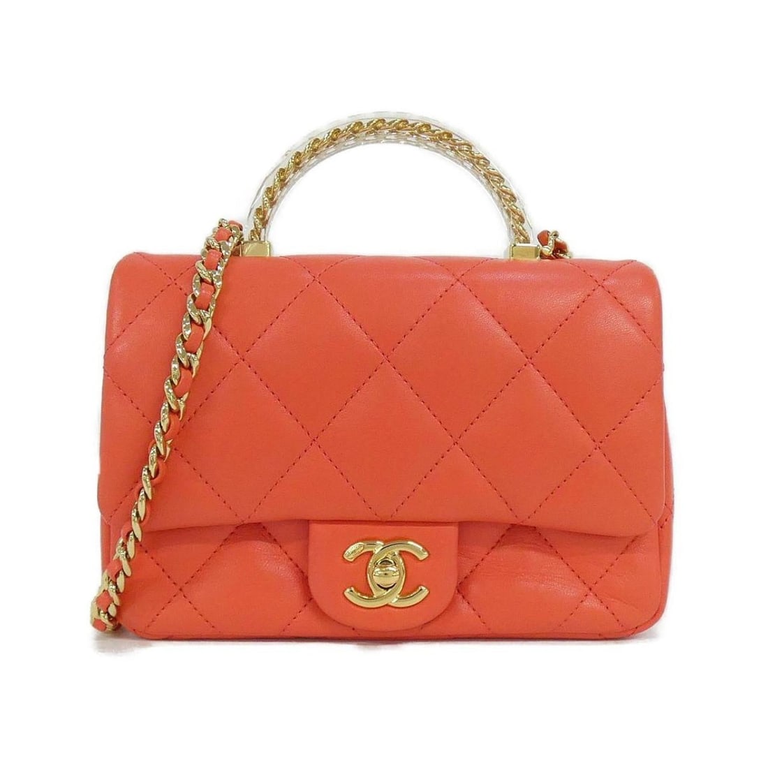 Chanel AS4848 handbag: --- Catalog ---Category: SizeSize (HxWxD): 13cm x 19cm x 6cm / 5.11'' x 7.48'' x 2.36''Category: DesignType: HandbagColor: Orange, Pink orangeGender: WomenMaterial: Leather Leather/Fur Type: LambskinC