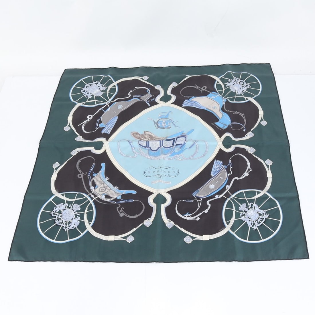 Hermes Hermès Carre 90 SPRINGS Green Scarf/Muffler Stole for Women: --- Catalog ---Category: SizeSize (LxW): 87cm x 87cm / 34.25'' x 34.25''Category: DesignType: ScarfColor: GreenGender: Women,MenMaterial: Silk Category: GeneralBrand: HermesCountry of Origin: France--