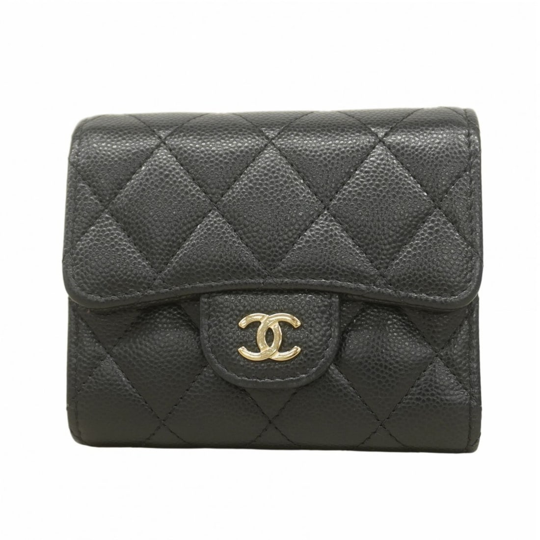 Chanel Matelasse Tri-fold Wallet in Caviar Leather, Black, Women's: --- Catalog ---Category: SizeSize (HxWxD): 9cm x 10.5cm x 4cm / 3.54'' x 4.13'' x 1.57''Category: DesignType: Wallet (tri-fold)Color: BlackGender: WomenMaterial: Grained Calfskin Category: GeneralBran