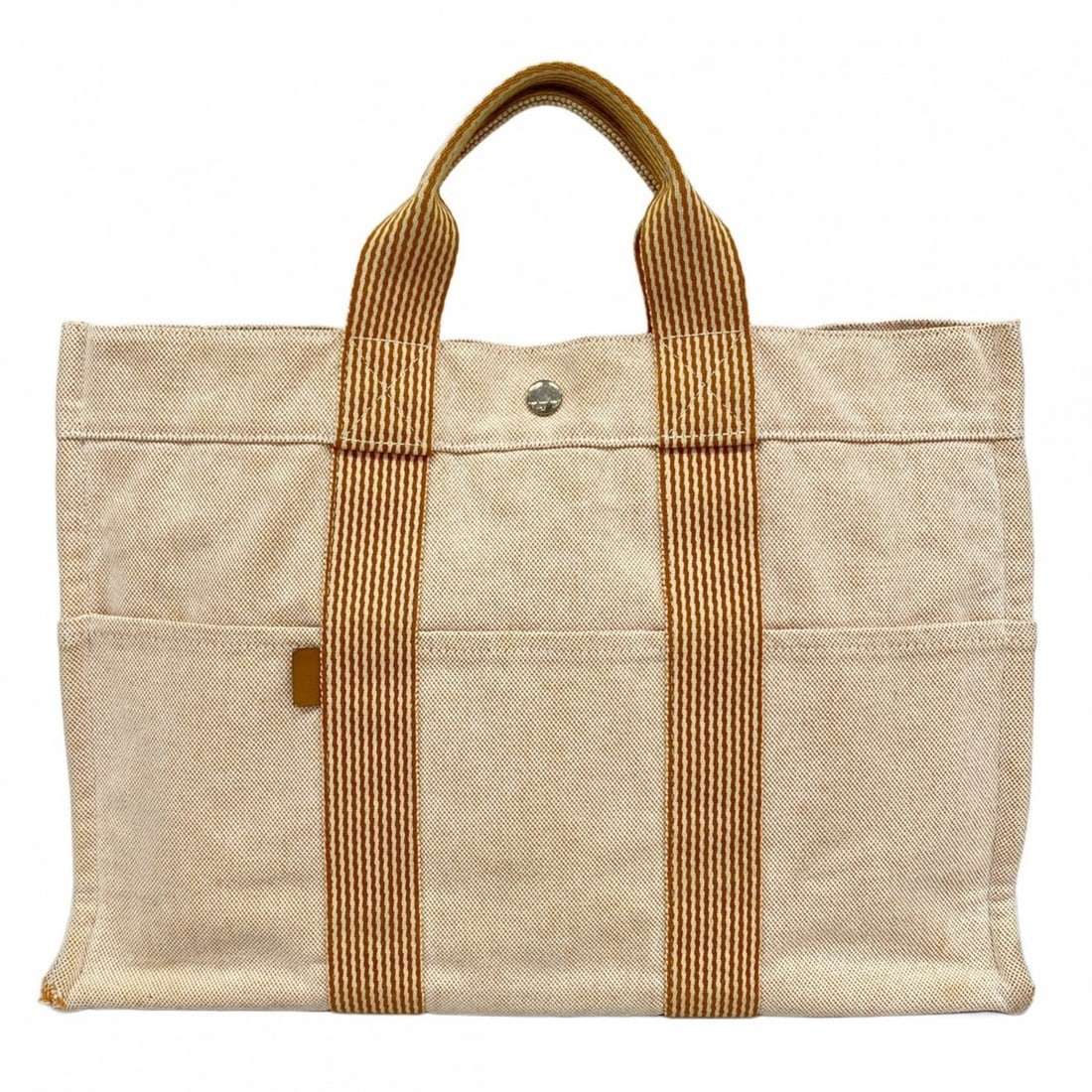 Hermes New Fool Tote MM Canvas Bag Orange White Women's: --- Catalog ---Category: SizeSize (HxWxD): 30cm x 43cm x 10cm / 11.81'' x 16.92'' x 3.93''Category: DesignType: Tote bagColor: Orange, WhiteGender: WomenMaterial: Canvas Hardware Color: SilverCategory