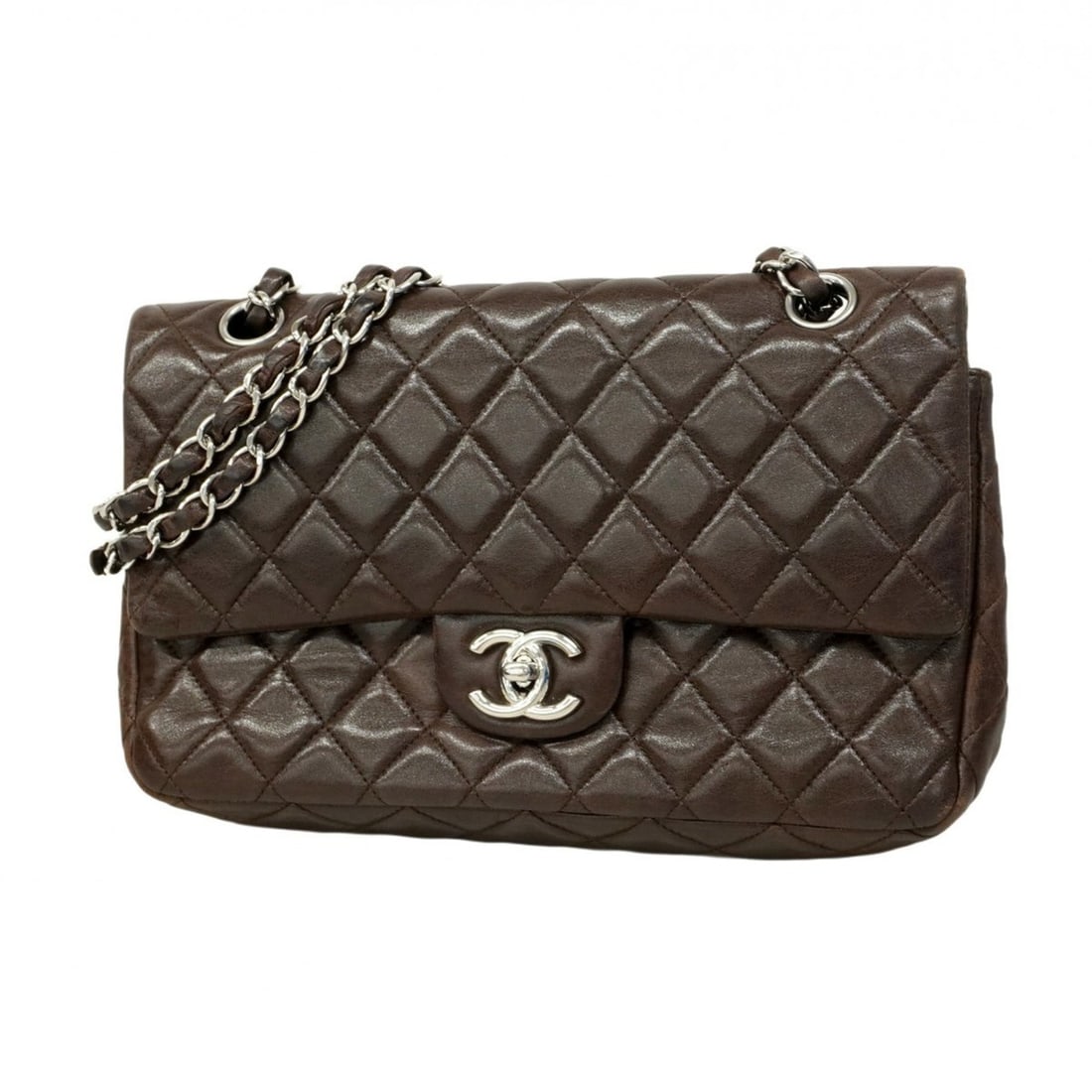 Chanel Matelasse Shoulder Bag with Double Flap and Chain, Lambskin, Brown, Women's: --- Catalog ---Category: SizeSize (HxWxD): 17cm x 25cm x 6cm / 6.69'' x 9.84'' x 2.36''Category: DesignType: Shoulder bagColor: BrownGender: WomenMaterial: Leather Hardware Color: SilverLeather/Fur Ty