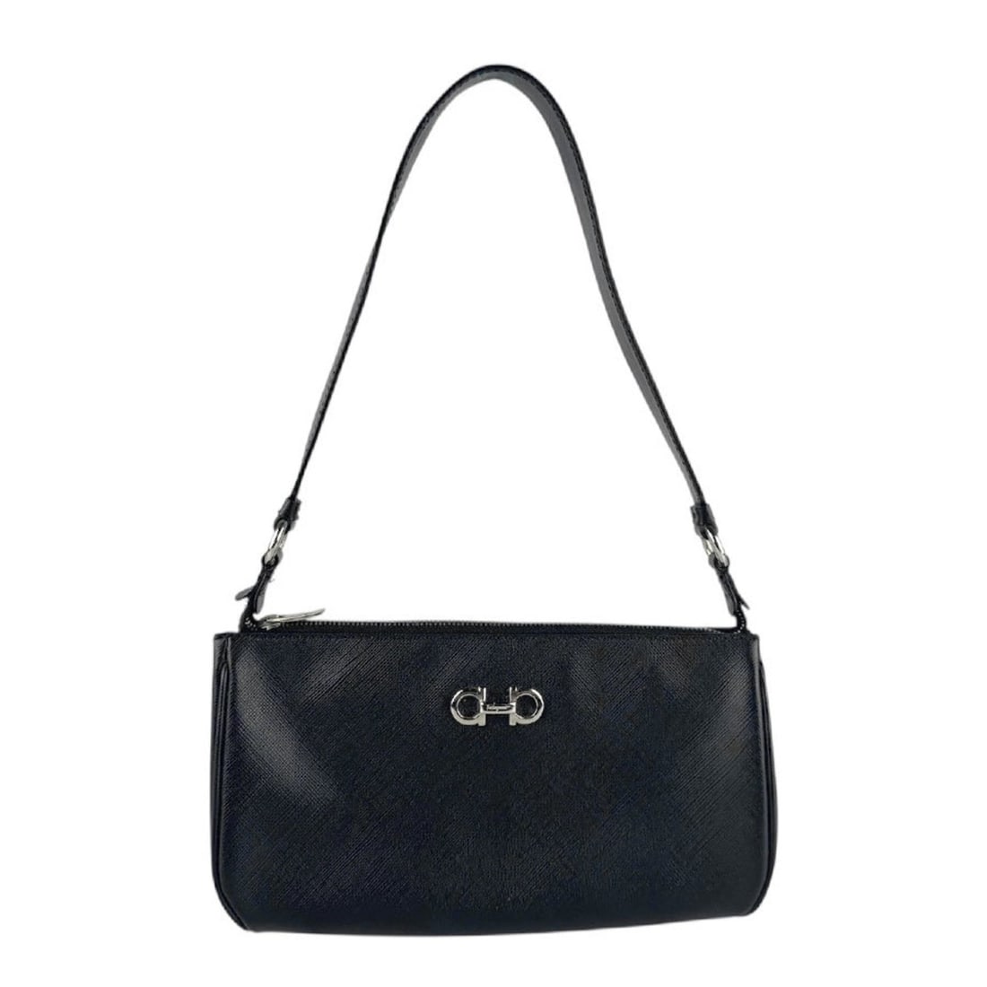 Salvatore Ferragamo Women's Double Gancini Shoulder Bag in Black and Silver Leather (z8107): --- Catalog ---Category: SizeSize (HxWxD): 11cm x 20cm x 4cm / 4.33'' x 7.87'' x 1.57''Category: DesignType: Shoulder bagColor: BlackGender: WomenMaterial: Leather Hardware Color: SilverCategory: Gene