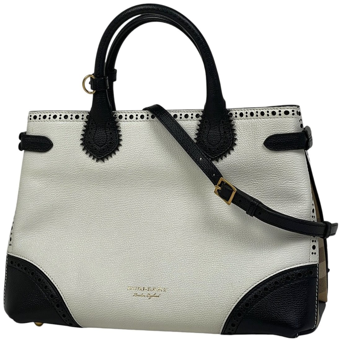 Burberry logo handbag, 2-way shoulder bag, punched leather available in white, black, and brown.: --- Catalog ---Category: SizeSize (HxWxD): 24cm x 35cm x 15cm / 9.44'' x 13.77'' x 5.9''Category: DesignType: Handbag, Shoulder bagColor: Black, Brown, WhiteGender: WomenMaterial: Leather , Canvas Cat