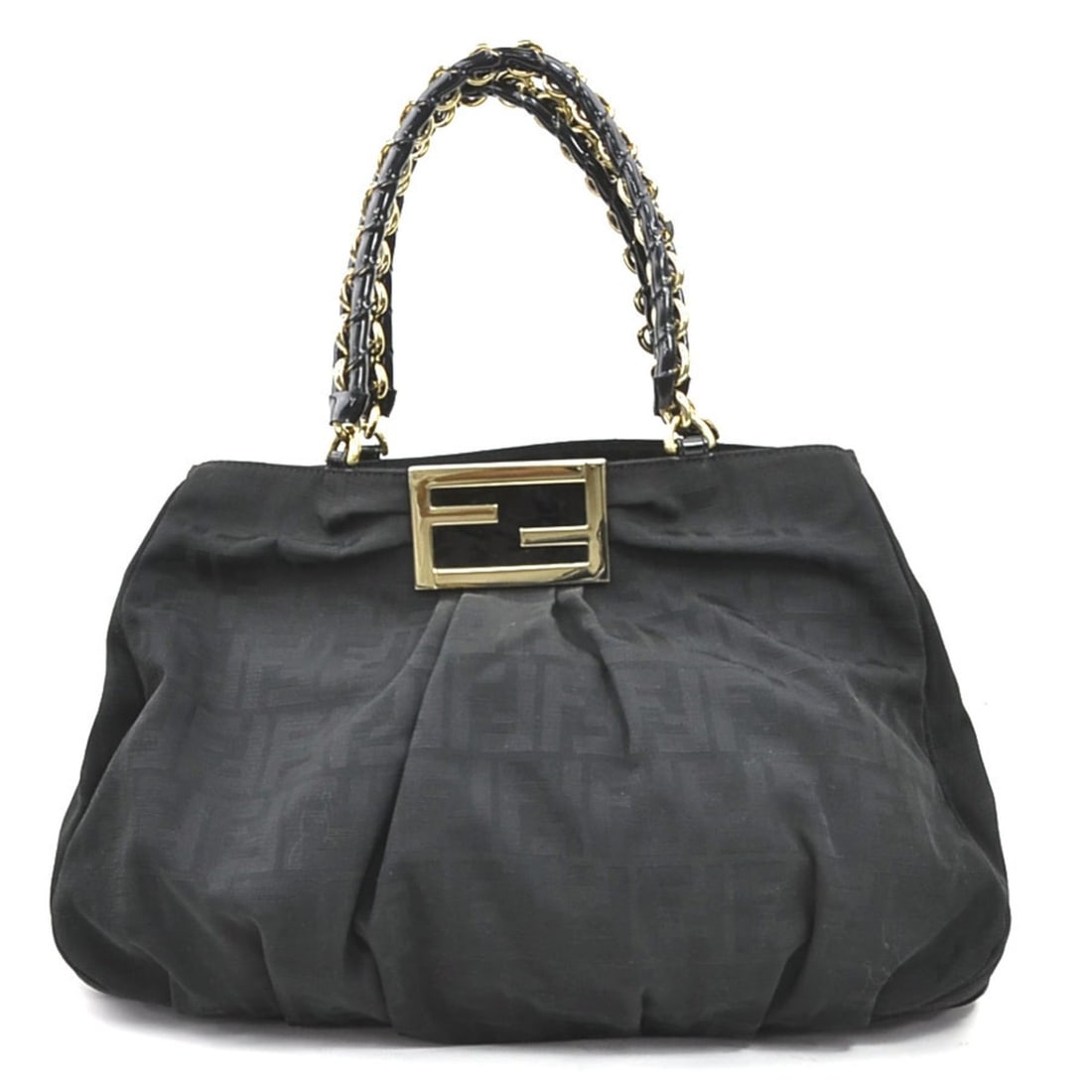 Fendi Zucca Mia Shoulder Bag in Nylon Canvas/Patent Leather, Black and Gold, Women's, 2415-8BR616,: --- Catalog ---Category: SizeSize (HxWxD): 34cm x 44cm x 13cm / 13.38'' x 17.32'' x 5.11''Category: DesignType: Shoulder bagColor: BlackGender: WomenMaterial: Nylon canvas , Patent leather Category: G
