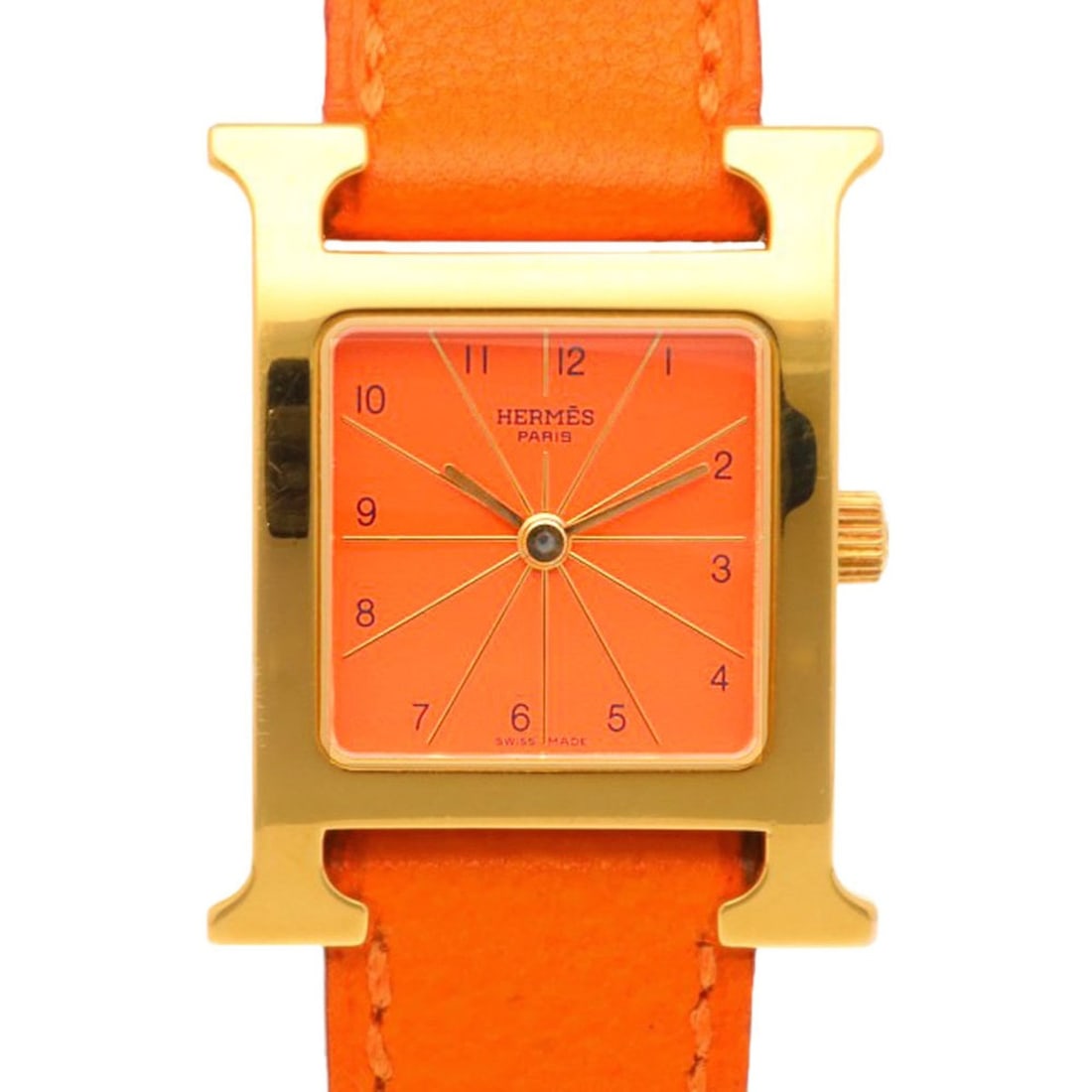 Pre-owned Hermès H Watch, stainless steel HH1.210 quartz movement, women's.: --- Catalog ---Category: SizeWrist Size: 13.5cm - 16cm / 5.31'' - 6.29''Case Diameter: 21mm / 0.83''Category: DesignType: WristwatchGender: WomenColor (Dial): OrangeMaterial (Band): Stainless steelMat