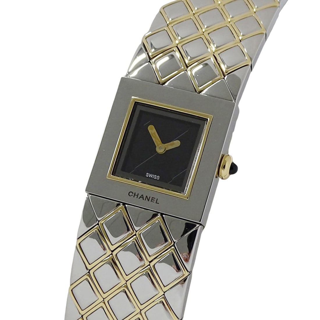 CHANEL Women's Matelasse Quartz Watch, QZ Stainless Steel, Gold and Yellow Gold, H0475, Square,: --- Catalog ---Category: SizeWrist Size: 16cm / 6.29''Case Diameter: 19mm / 0.75''Category: DesignType: WristwatchGender: WomenColor (Dial): BlackMaterial (Band): Stainless steel, Yellow goldMaterial