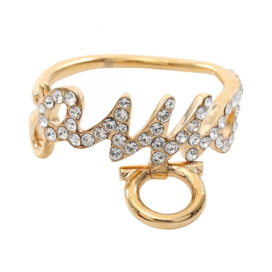 Salvatore Ferragamo AMO Gancini Ring with Gold-Plated Rhinestones, Women's, Gold and Clear: --- Catalog ---Category: SizeJP Size: 16US Size: 8Category: DesignType: Band ringColor: Clear, GoldStone: RhinestoneGender: WomenMaterial: Gold platingCategory: GeneralBrand: Salvatore Ferragamo--- It