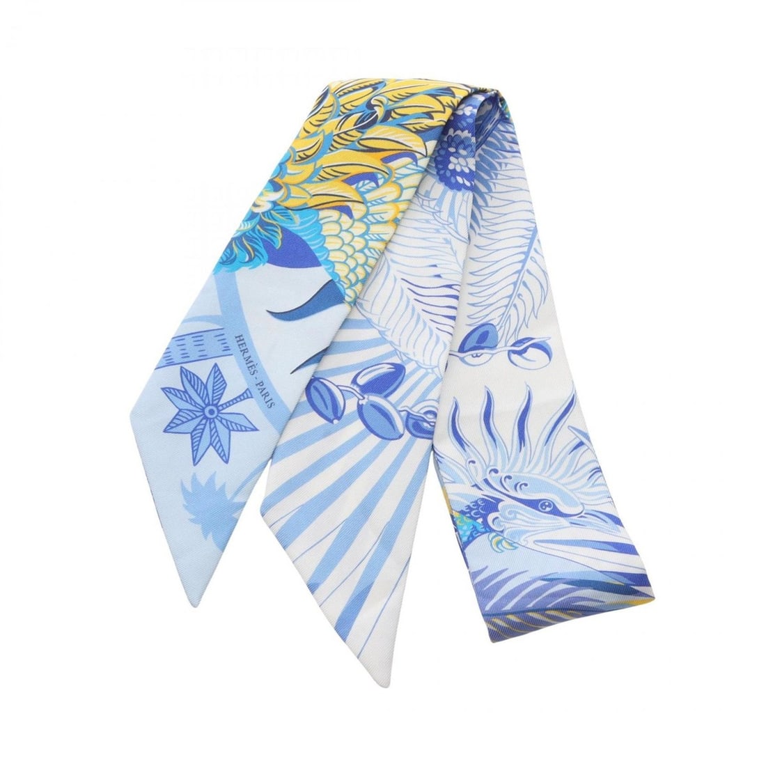 Hermes Hermès Mythiques Phoenix Twilly Silk Scarf for Women in Blue and Yellow: --- Catalog ---Category: SizeSize (LxW): 85cm x 5cm / 33.46'' x 1.96''Category: DesignType: ScarfColor: Blue, YellowGender: WomenMaterial: Silk Category: GeneralBrand: Hermes--- Item List ---Section:
