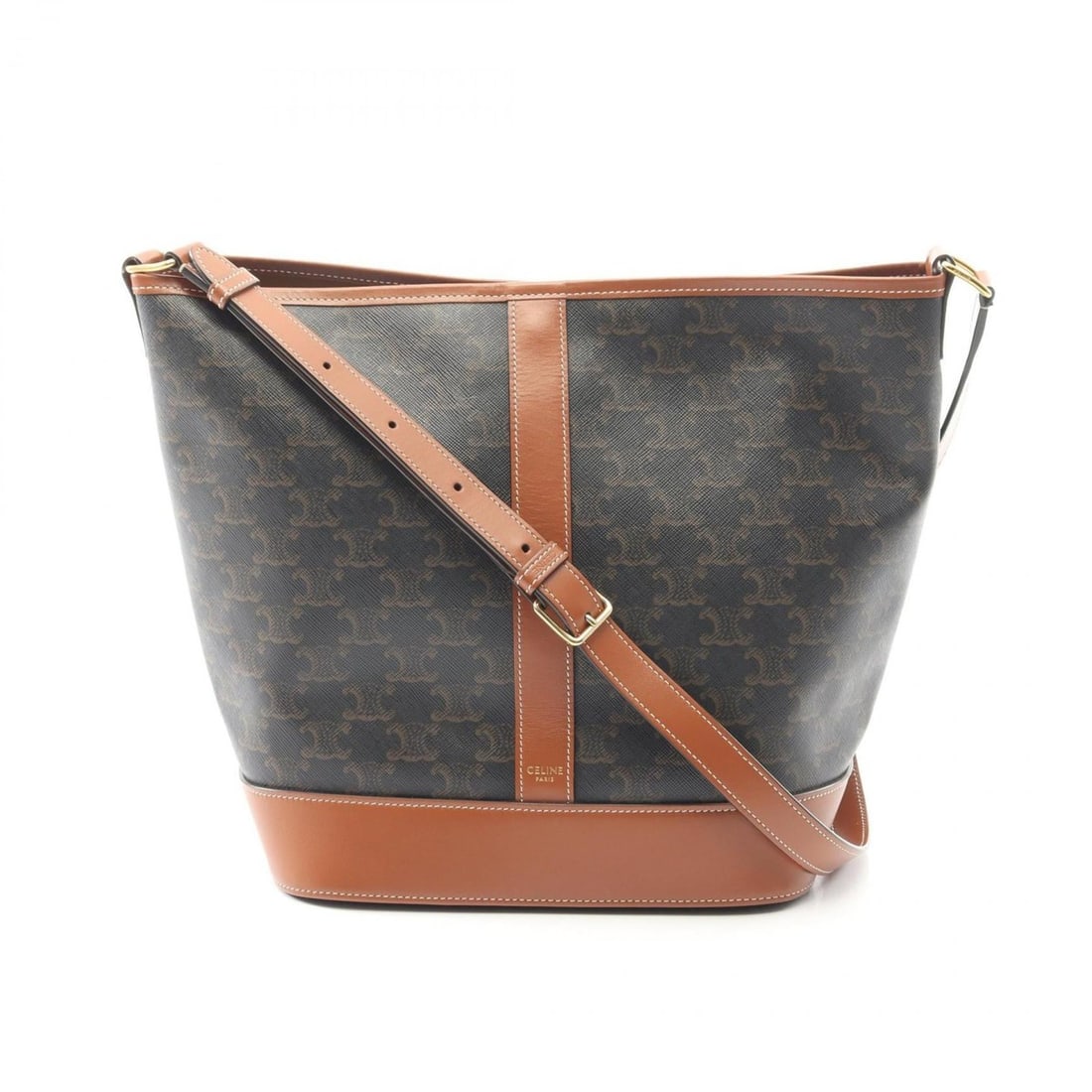 Celine Triomphe Medium Bucket Shoulder Bag in Coated Canvas and Leather, Black Brown, 191132CAS.04LU: --- Catalog ---Category: SizeSize (HxWxD): 27.5cm x 24cm x 18cm / 10.82'' x 9.44'' x 7.08''Category: DesignType: Shoulder bagColor: Black, BrownGender: WomenMaterial: Coated canvas , PVC , Leather Cat