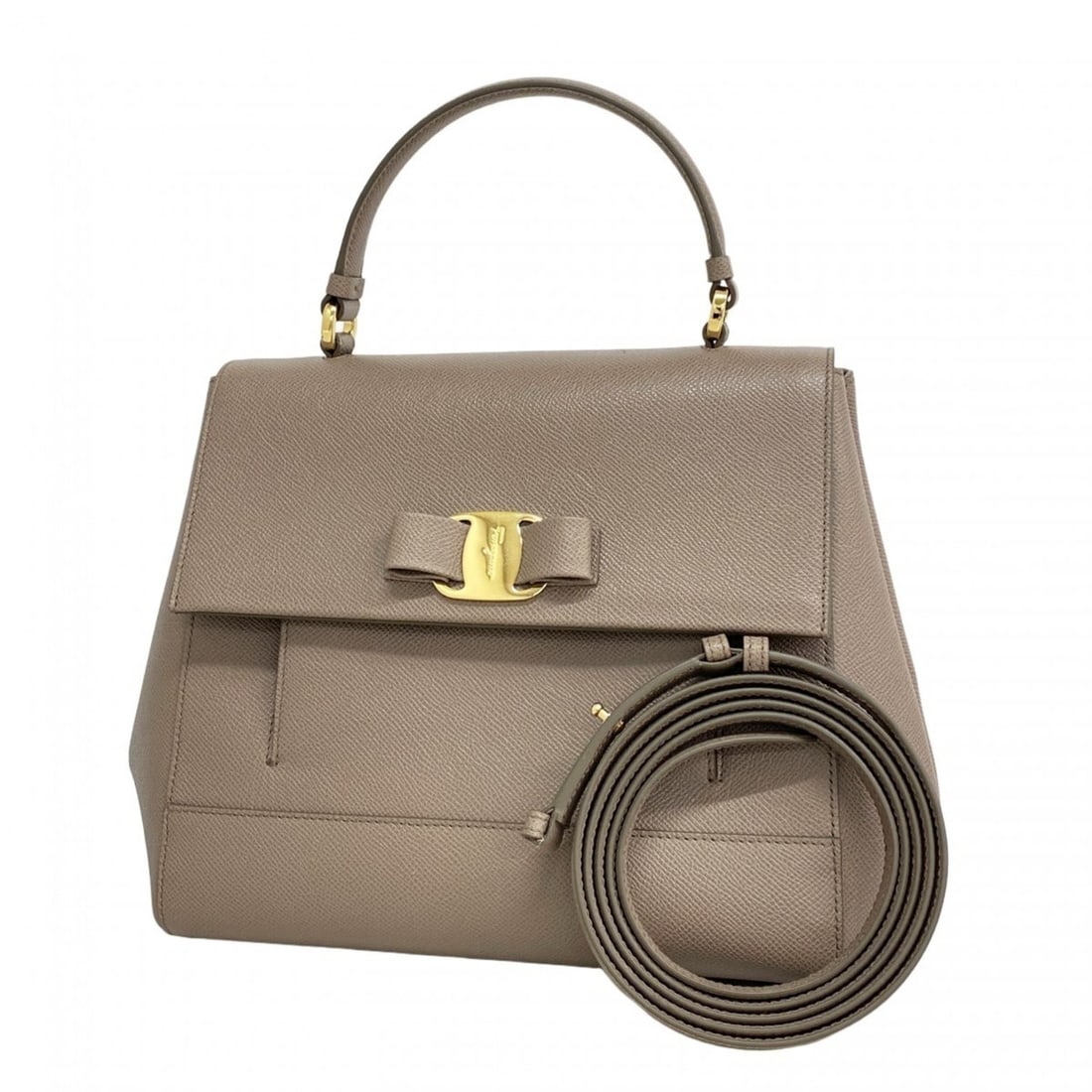 Salvatore Ferragamo Vara Leather Handbag, Greige, 2-Way Bag for Women: --- Catalog ---Category: SizeSize (HxWxD): 24cm x 25cm x 15cm / 9.44'' x 9.84'' x 5.9''Category: DesignType: HandbagColor: GrayishGender: WomenMaterial: Leather Hardware Color: GoldCategory: GeneralBr