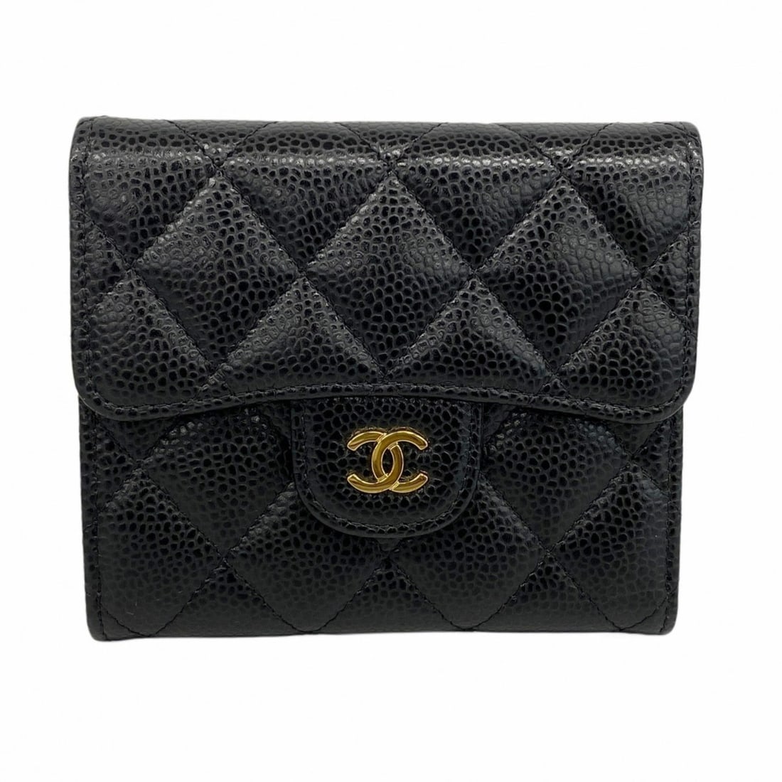 Chanel Matelasse Tri-fold Wallet in Caviar Leather, Black, Women's: --- Catalog ---Category: SizeSize (HxWxD): 11cm x 11.8cm x 2cm / 4.33'' x 4.64'' x 0.78''Category: DesignType: Wallet (tri-fold)Color: BlackGender: WomenMaterial: Grained Calfskin Category: GeneralBra