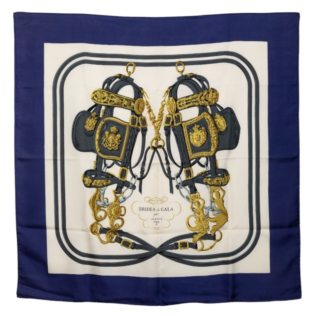 Hermes Hermès Carré 90 BRIDES de GARA Ceremonial Horse-Ridge Scarf, Blue Multicolor Silk, Women's: --- Catalog ---Category: SizeSize (LxW): 88cm x 88cm / 34.64'' x 34.64''Category: DesignType: ScarfColor: Blue, Multi-colorGender: WomenMaterial: Silk Category: GeneralBrand: Hermes--- Item List ---Se