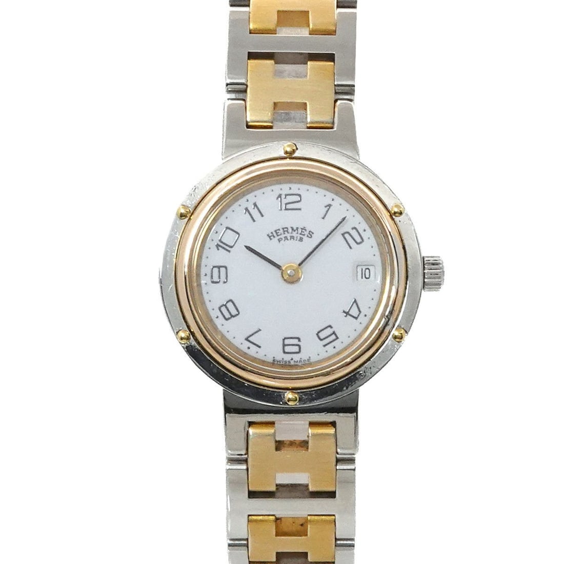 Hermès Clipper Women's Two-tone Date White Quartz Watch: --- Catalog ---Category: SizeWrist Size: 14cm - 14.5cm / 5.51'' - 5.7''Case Diameter: 24mm / 0.94''Category: DesignType: WristwatchGender: WomenColor (Dial): WhiteMaterial (Band): Gold plated, Stainle
