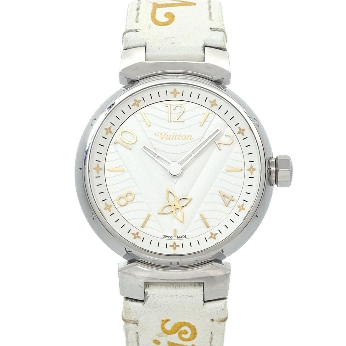 Louis Vuitton Tambour New Wave MM QA092 Women's Silver Quartz Watch: --- Catalog ---Category: SizeWrist Size: 13.5cm - 17.5cm / 5.31'' - 6.88''Case Diameter: 34mm / 1.34''Category: DesignType: WristwatchGender: WomenColor (Dial): SilverMaterial (Band): Leather, Stainle