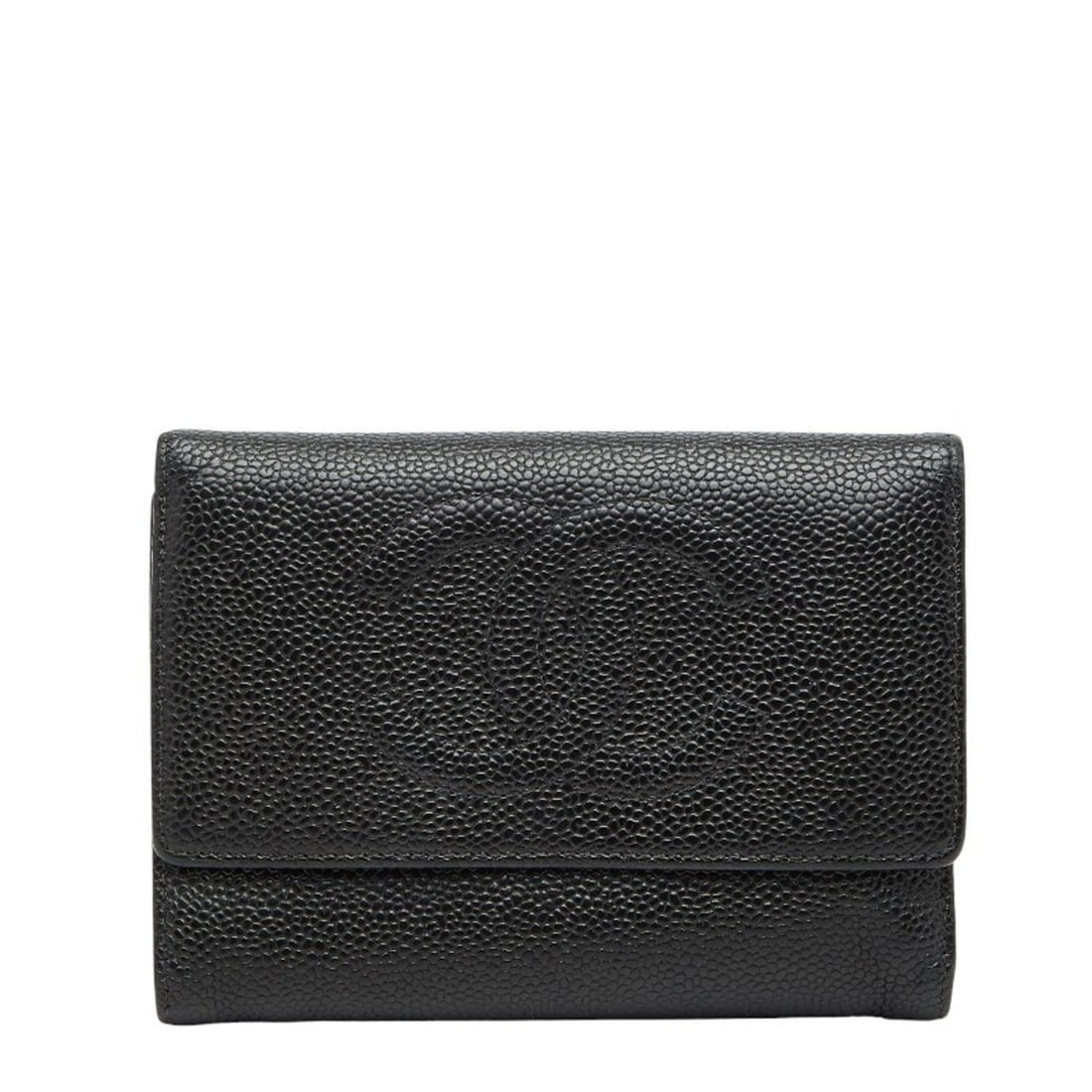 CHANEL Coco Mark Tri-fold Wallet in Black Caviar Leather for Women: --- Catalog ---Category: SizeSize (HxWxD): 10.5cm x 14.5cm x 1cm / 4.13'' x 5.7'' x 0.39''Category: DesignType: Wallet (tri-fold)Color: BlackGender: WomenMaterial: Grained Calfskin Category: GeneralBr