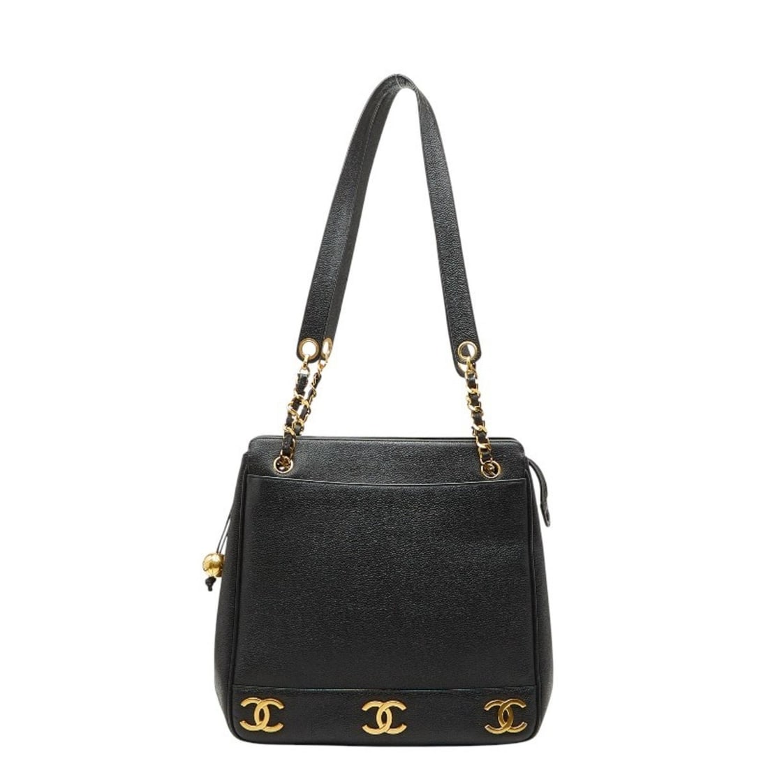 CHANEL Triple Coco Mark Chain Tote Bag in Black Caviar Leather for Women: --- Catalog ---Category: SizeHandle Drop: 36.00cm / 14.17''Size (HxWxD): 30cm x 32cm x 7cm / 11.81'' x 12.59'' x 2.75''Category: DesignType: Tote bagColor: BlackGender: WomenClosure: ZipperMaterial: G
