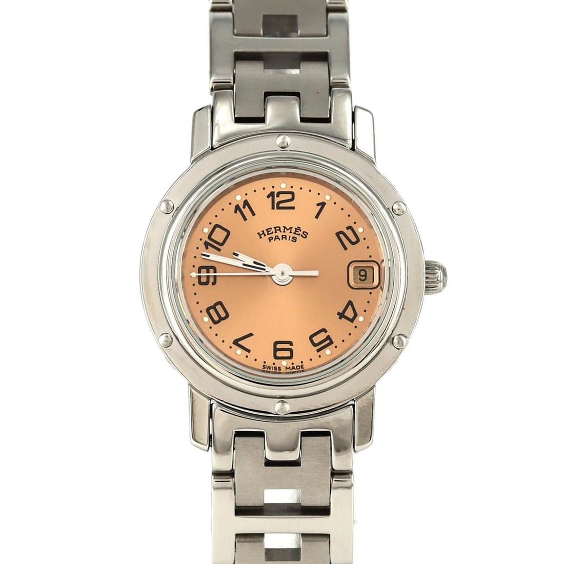 Hermès Clipper CL4.210 Stainless Steel Quartz Watch: --- Catalog ---Category: SizeWrist Size: 14.5cm / 5.7''Case Diameter: 24mm / 0.94''Category: DesignType: WristwatchGender: WomenColor (Dial): PinkMaterial (Band): Stainless steelMaterial (Case): Stain
