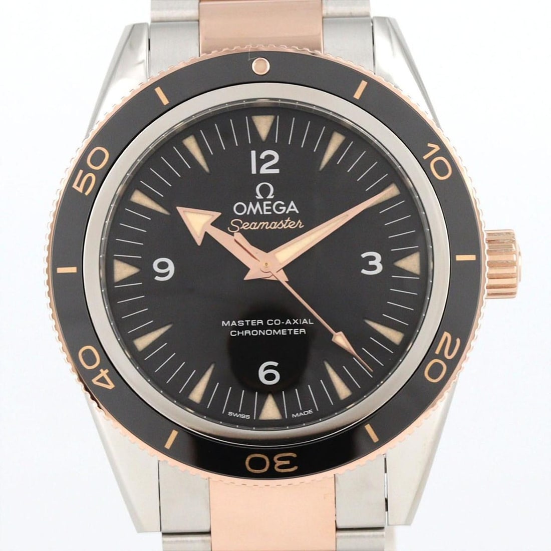 Omega Seamaster 300 PG Two-tone Watch 233.20.41.21.01.001 SSxPG Automatic: --- Catalog ---Category: SizeWrist Size: 20.5cm / 8.07''Case Diameter: 41mm / 1.61''Category: DesignType: WristwatchGender: MenColor (Dial): BlackMaterial (Band): Pink gold, Stainless steelMaterial (C