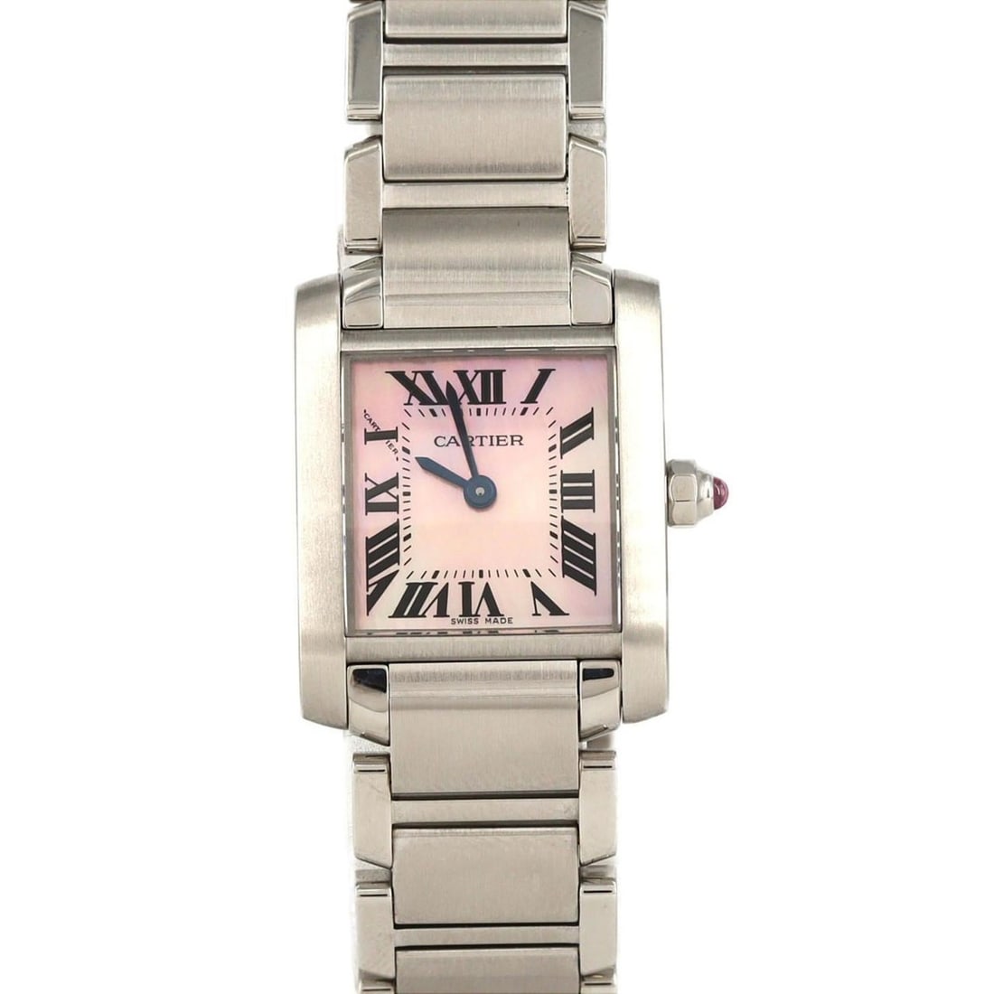 Cartier Tank Française SM W51028Q3 Stainless Steel Quartz Watch: --- Catalog ---Category: SizeWrist Size: 16.5cm / 6.49''Case Diameter: 20mm / 0.79''Category: DesignType: WristwatchGender: WomenColor (Dial): Pink shellMaterial (Band): Stainless steelMaterial (Case)