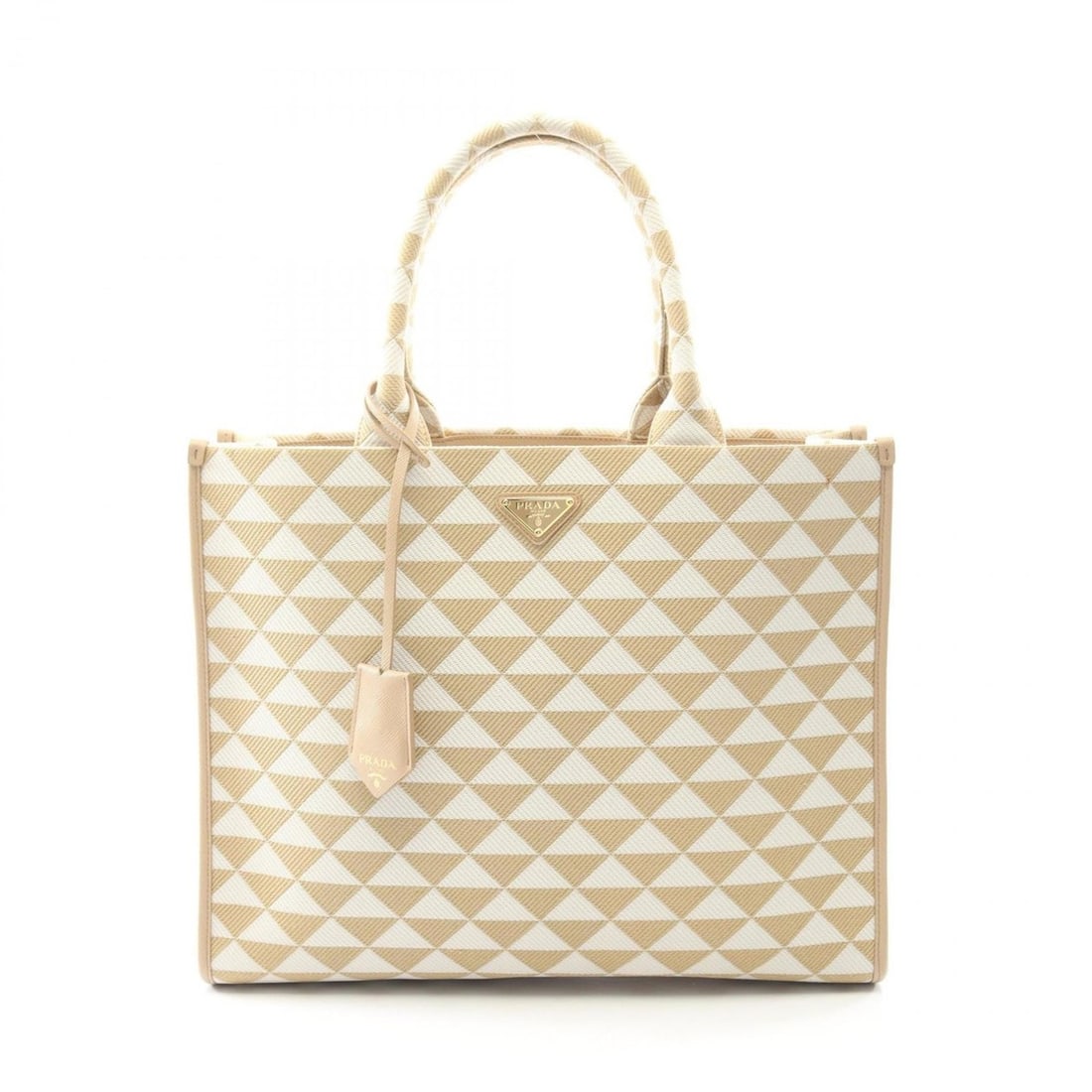 Prada Triangolo Jacquard Symbol Embroidery Tote Bag, Canvas, Women's, Beige and White, 1BA356: --- Catalog ---Category: SizeSize (HxWxD): 30cm x 39cm x 11cm / 11.81'' x 15.35'' x 4.33''Category: DesignType: Tote bagColor: Beige, WhiteGender: WomenMaterial: Canvas Category: GeneralMPN: 1BA356Bra