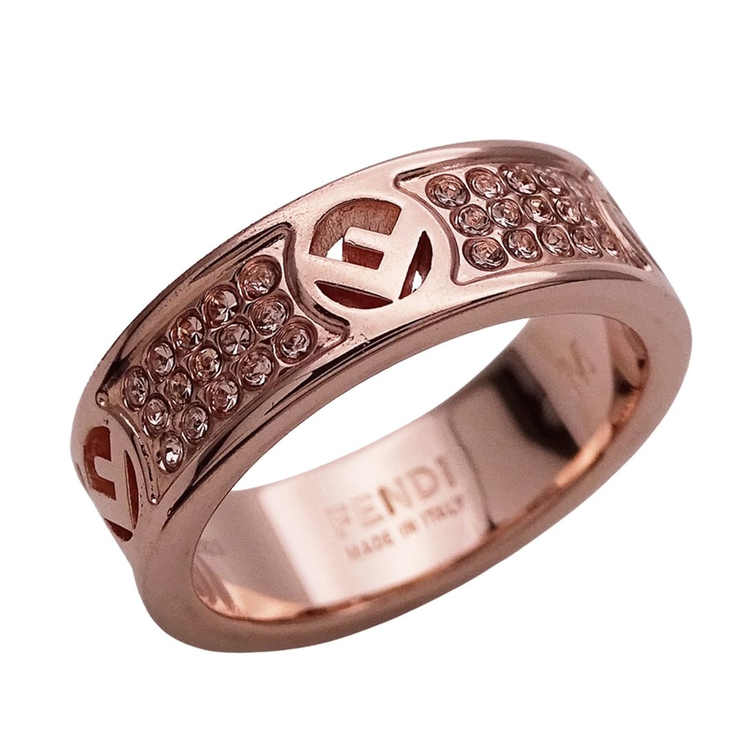 Fendi ring for women, pink gold with rhinestones, size M, approximately thick, box.: --- Catalog ---Category: SizeWidth: 6.5mm / 0.26''JP Size: 14.5US Size: 7Category: DesignType: Band ringColor: Pink goldStone: RhinestoneGender: WomenMaterial: MetalCategory: GeneralBrand: FendiCountr