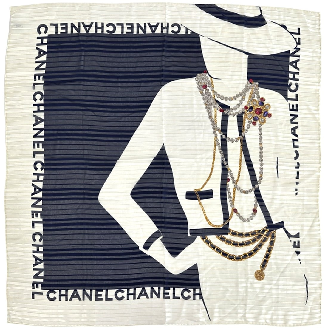Chanel Coco scarf, large, silk, navy and cream, with a striped pattern sheer finish.: --- Catalog ---Category: SizeSize (LxW): 89cm x 89cm / 35.03'' x 35.03''Category: DesignType: ScarfColor: Cream, NavyGender: WomenMaterial: Silk Category: GeneralBrand: ChanelCountry of Origin: Italy-
