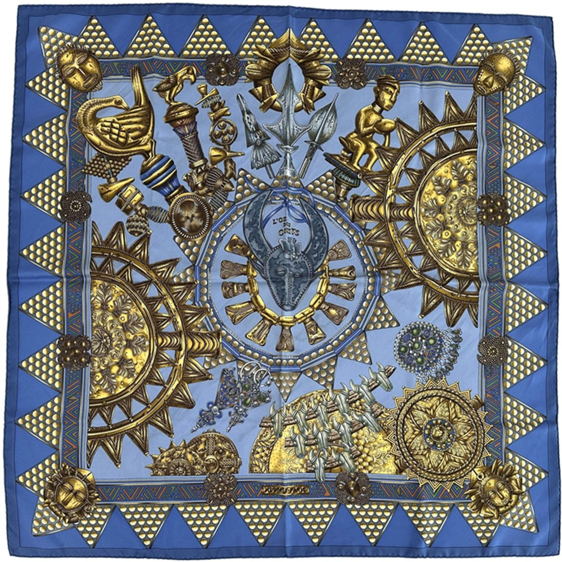 Hermes Hermès Carré 90 Scarf, "L'OR DES CHEFS" (The Chiefs' Gold), Women's, Silk, Blue, (1 of 16)