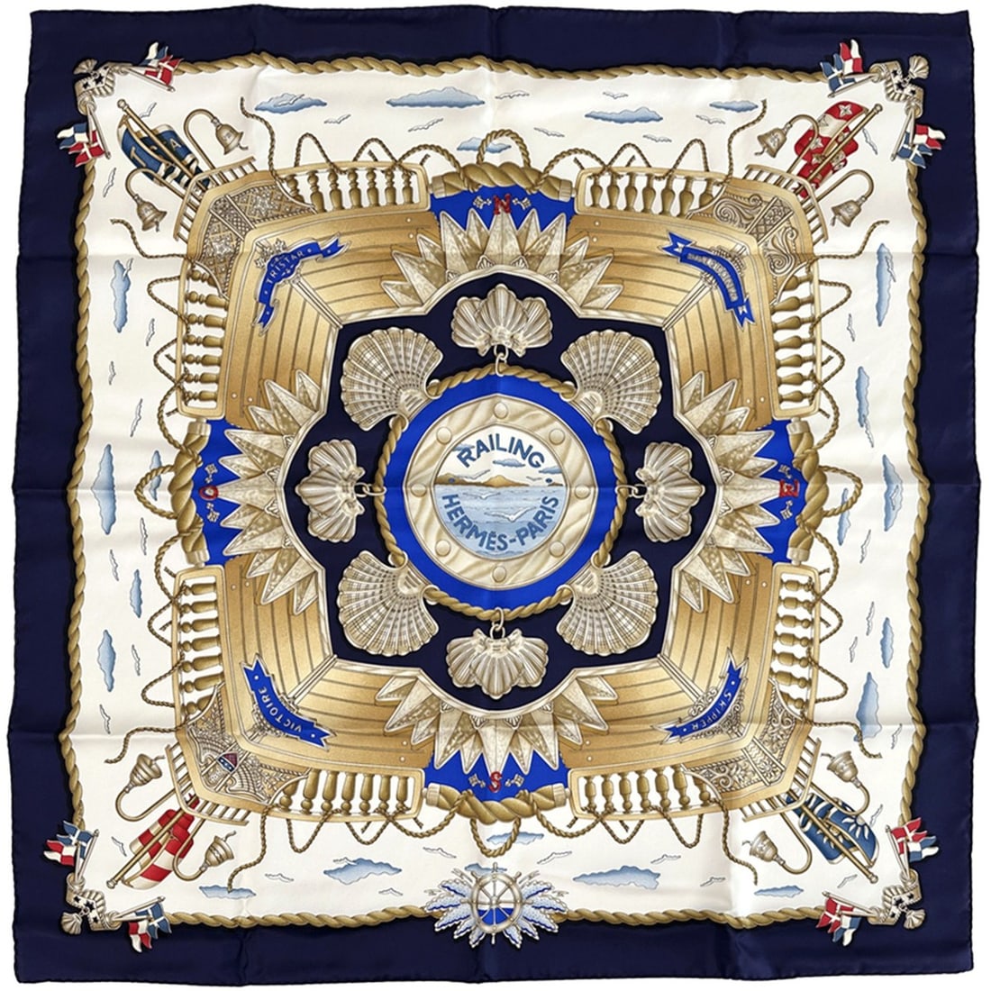 Hermes Hermès Carré 90 RAILING scarf, ship's handrail women's silk navy blue, multicolor, large,: --- Catalog ---Category: SizeSize (LxW): 90cm x 90cm / 35.43'' x 35.43''Category: DesignType: ScarfColor: Multi-color, NavyGender: WomenMaterial: Silk Category: GeneralBrand: HermesCountry of Origin: