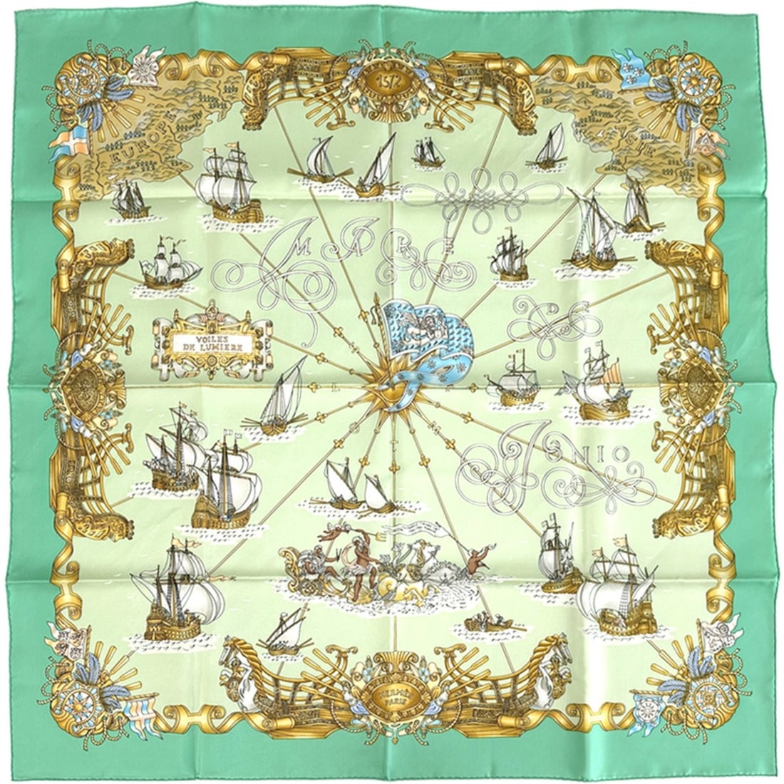 Hermes Hermès Carré 90 Scarf, Voiles de Lumière (Sailboat of Light), Women's Silk, Green: --- Catalog ---Category: SizeSize (LxW): 90cm x 90cm / 35.43'' x 35.43''Category: DesignType: ScarfColor: Green, Multi-colorGender: WomenMaterial: Silk Category: GeneralBrand: HermesCountry of Origin: