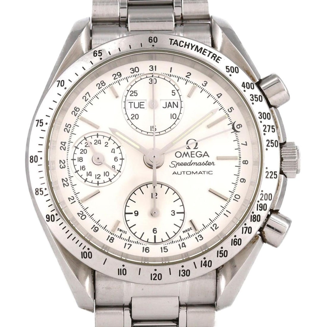 Omega Speedmaster Day Date 3521.30 Stainless Steel Automatic Watch: --- Catalog ---Category: SizeWrist Size: 19cm / 7.48''Case Diameter: 39mm / 1.54''Category: DesignType: WristwatchGender: MenColor (Dial): SilverMaterial (Band): Stainless steelMaterial (Case): Stainl