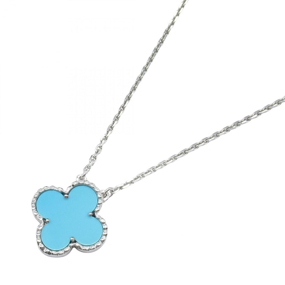 Van Cleef & Arpels Vintage Alhambra Turquoise Necklace, 18K White Gold, Turquoise, Women's, Silver,: --- Catalog ---Category: SizePendant Size: 15mm x 15mm / 0.59'' x 0.59''Neck Circumference: 37.5 cm - 41.5 cm / 14.76'' - 16.33''Category: DesignColor: Blue, SilverGender: WomenMaterial: White gold (1