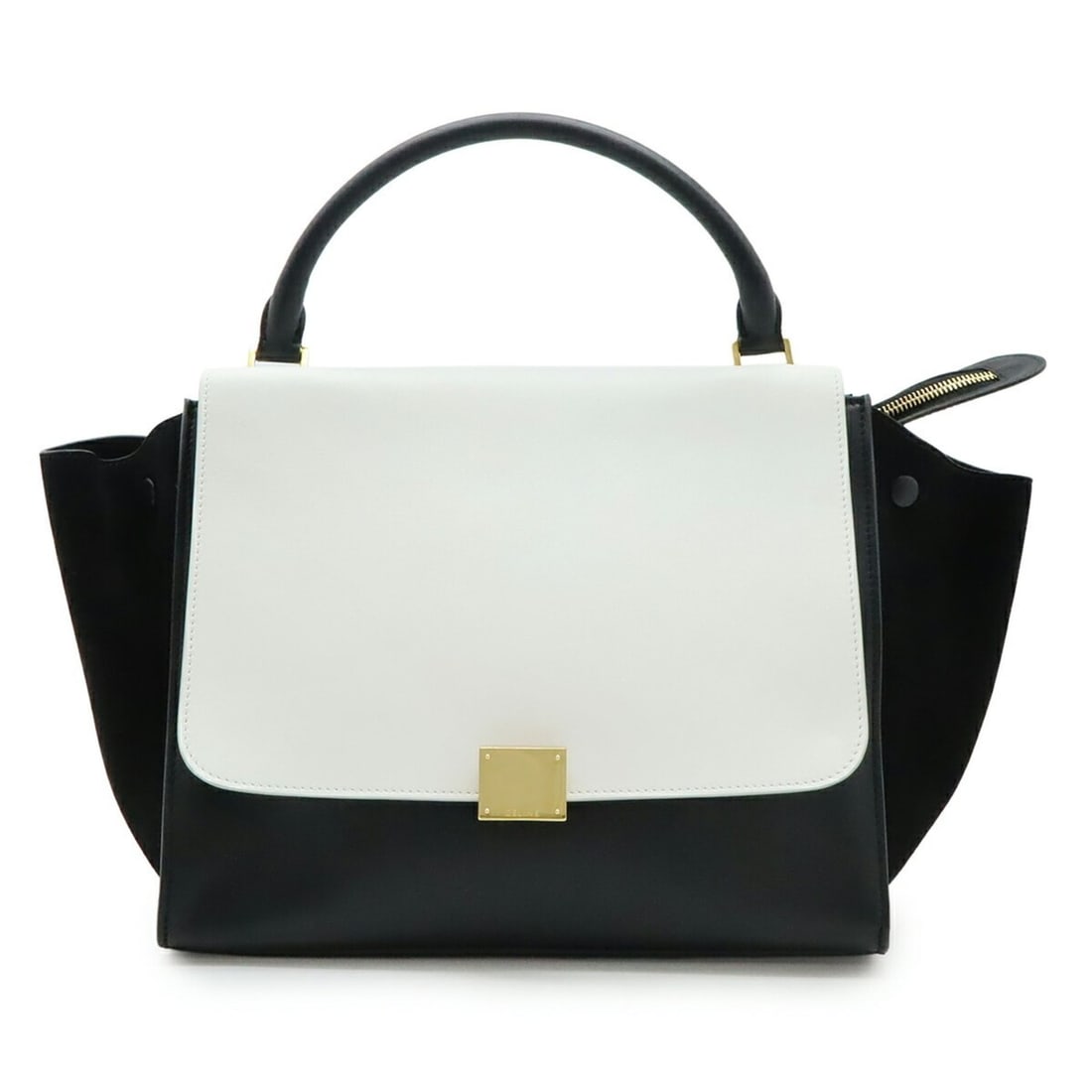 CELINE Trapeze Medium Handbag, One-Handle, Two-Tone Leather and Suede, Black White, 1695430: --- Catalog ---Category: SizeSize (HxWxD): 25.5cm x 30cm x 17cm / 10.03'' x 11.81'' x 6.69''Category: DesignType: HandbagColor: Black, WhiteGender: WomenMaterial: Leather , Suede Category: GeneralBran