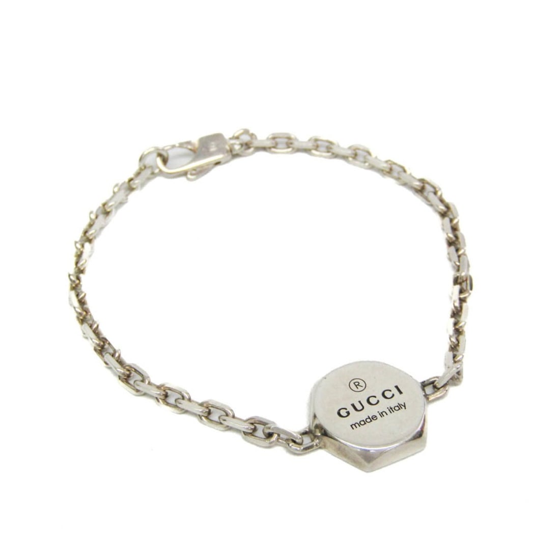 Gucci Hexagon Silver Charm Bracelet Silver: --- Catalog ---Category: SizeSize: 16Length: 16cm / 6.29''Weight: 9.4g / 0.33oz.Total Length: 16.6cm / 6.53''Stone Size (HxW): 14cm x 22.3cm / 5.51'' x 8.77''Category: DesignType: Charm braceletColor: