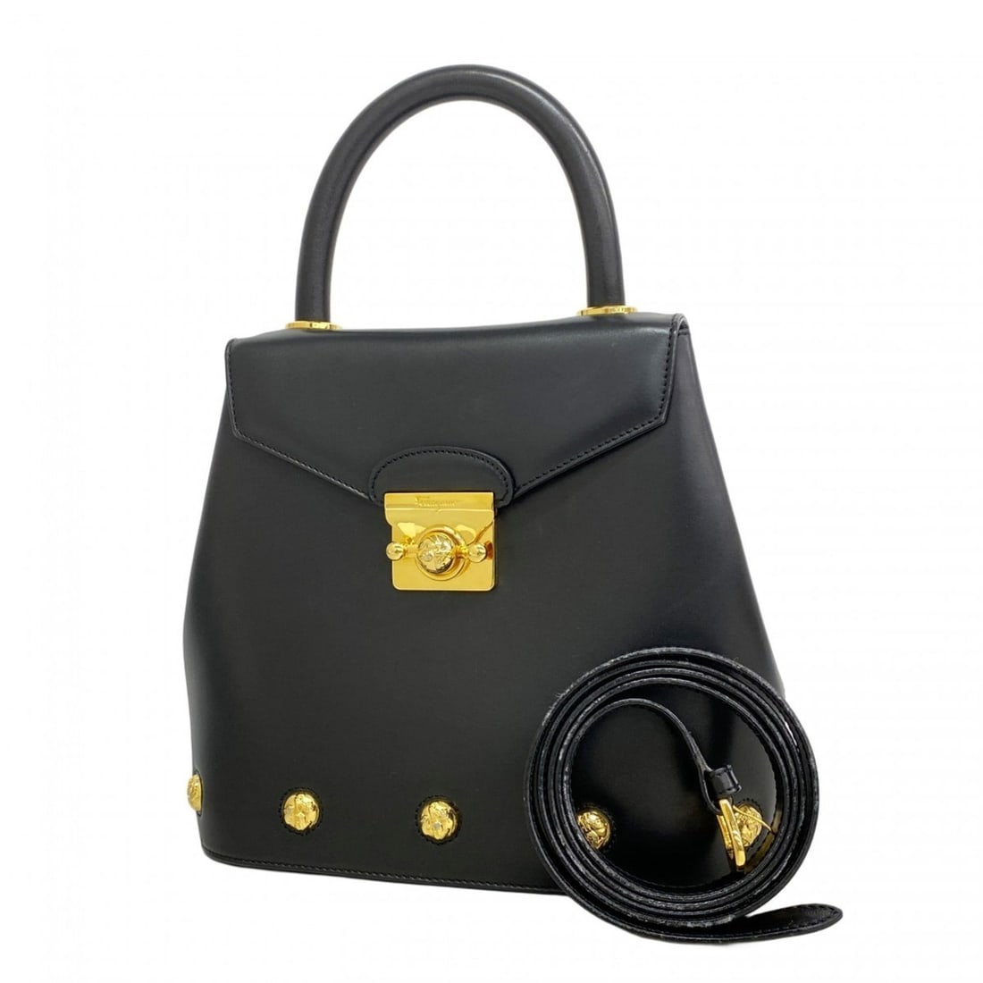 Salvatore Ferragamo handbag, black leather, 2-way bag for women: --- Catalog ---Category: SizeSize (HxWxD): 22cm x 24.5cm x 10cm / 8.66'' x 9.64'' x 3.93''Category: DesignType: HandbagColor: BlackGender: WomenMaterial: Leather Hardware Color: GoldCategory: GeneralB