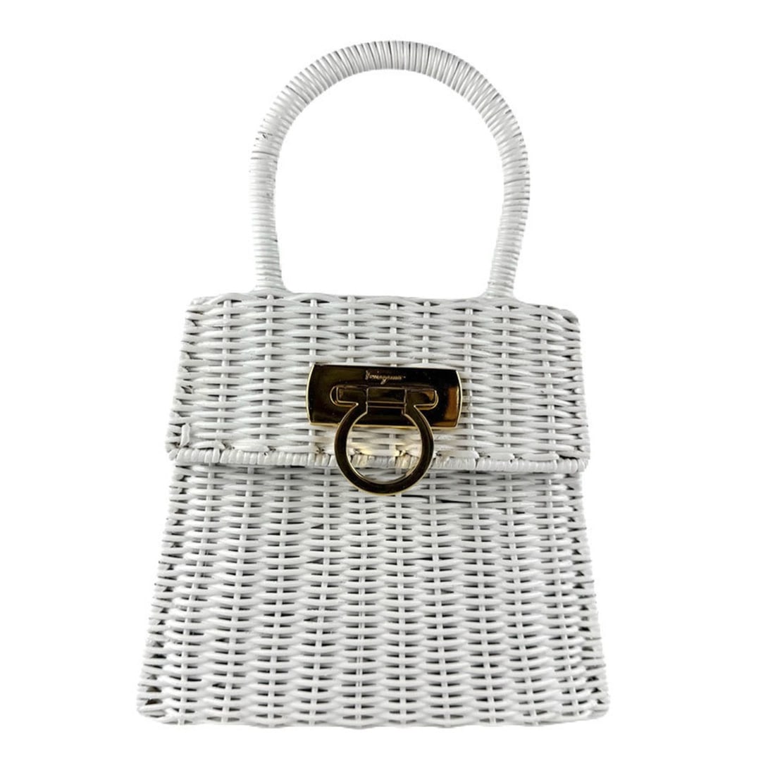 Salvatore Ferragamo Gancini/Rattan Handbag in White and Gold for Women, Z8245: --- Catalog ---Category: SizeSize (HxWxD): 17cm x 20cm x 11cm / 6.69'' x 7.87'' x 4.33''Category: DesignType: HandbagColor: WhiteGender: WomenCategory: GeneralBrand: Salvatore FerragamoCountry of Orig