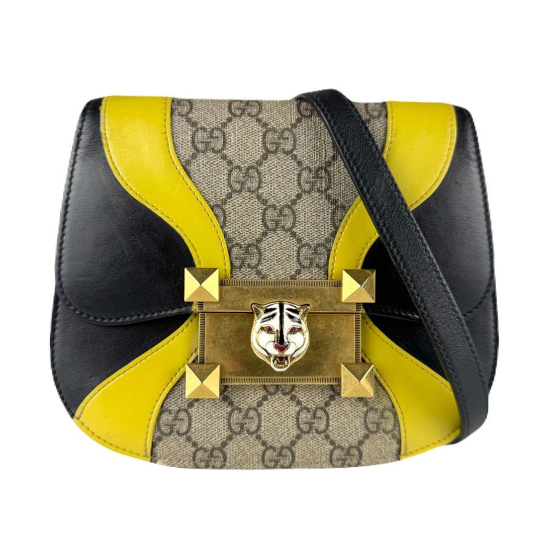 Gucci Tiger Head Shoulder Bag in GG Supreme Canvas/Leather, Black, Yellow, and Brown, Women's,: --- Catalog ---Category: SizeSize (HxWxD): 17cm x 20cm x 3cm / 6.69'' x 7.87'' x 1.18''Category: DesignType: Shoulder bagColor: Black, Brown, YellowGender: WomenMaterial: GG Supreme , Leather Category