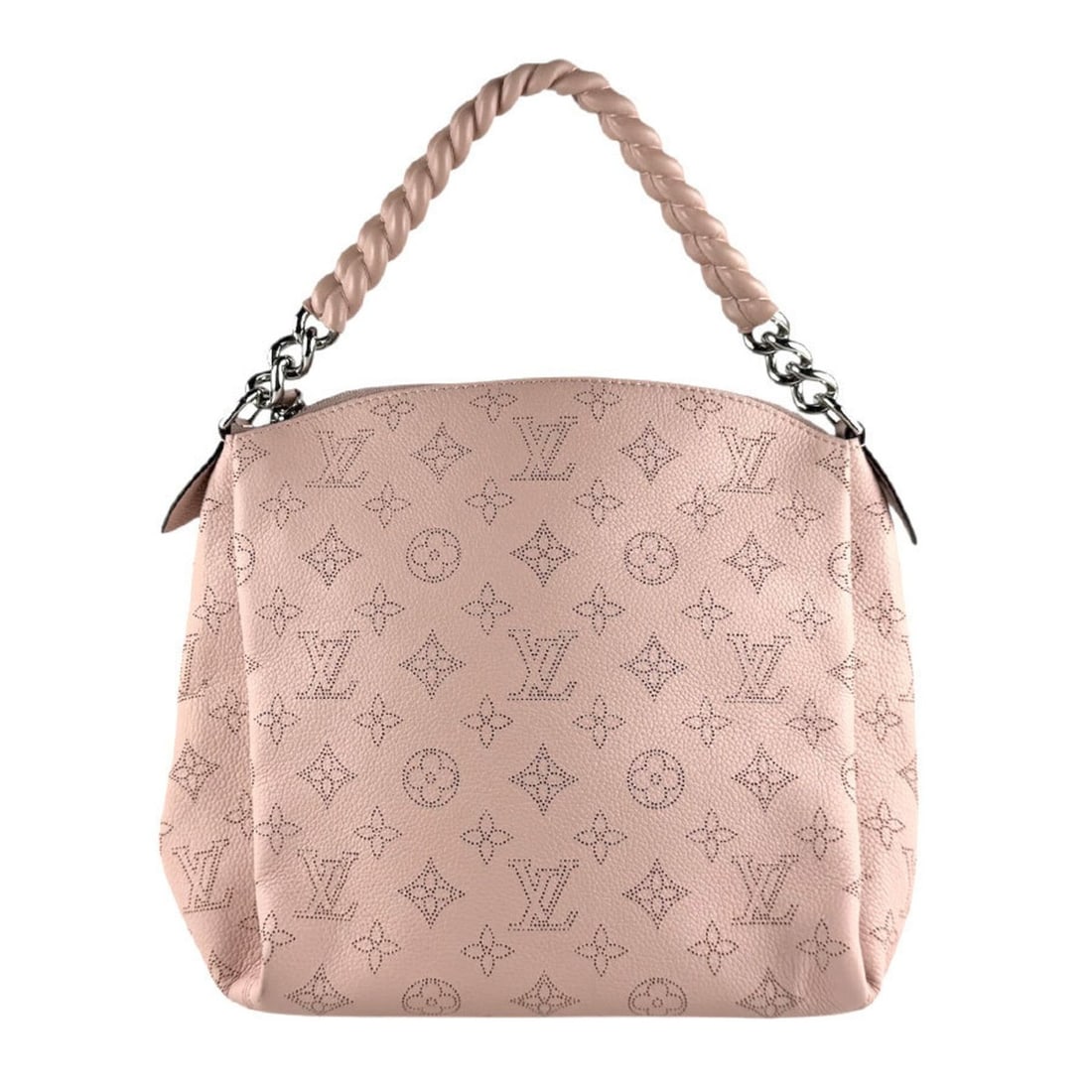 Louis Vuitton Monogram Mahina Babylon Chain Shoulder Bag in Magnolia Silver (M51219 z8251): --- Catalog ---Category: SizeSize (HxWxD): 23cm x 23cm x 12cm / 9.05'' x 9.05'' x 4.72''Category: DesignType: Handbag, Shoulder bagColor: MagnoliaGender: WomenMaterial: Mahina leather Category: Genera