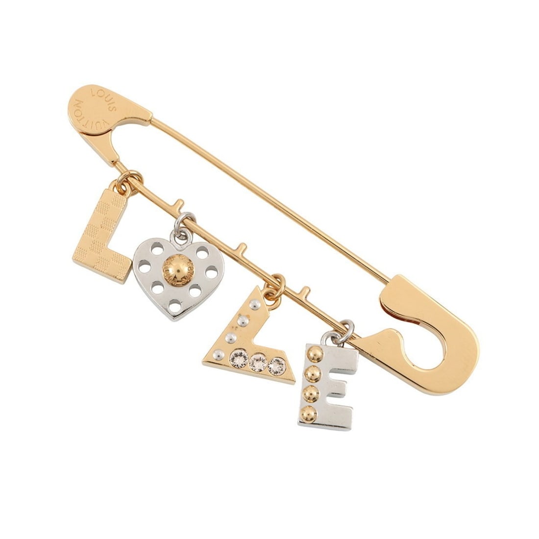 Louis Vuitton Brooch LOVE Safety Pin Motif M67035 LOUIS VUITTON BROACH: --- Catalog ---Category: SizeSize (HxWxD): 1.5cm x 8.2cm / 0.59'' x 3.22''Category: DesignType: BroochColor: Gold, SilverStone: RhinestoneGender: WomenMaterial: MetalCategory: GeneralBrand: Louis Vuit